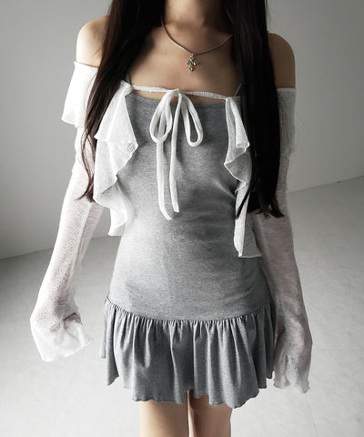 【 2点セット 】フレアキャミワンピ &シアーフリルリボンカーディガン ワンホンセットアップ / flare camisole onepiece & sheer frill ribbon cardigan wanghong SETUP