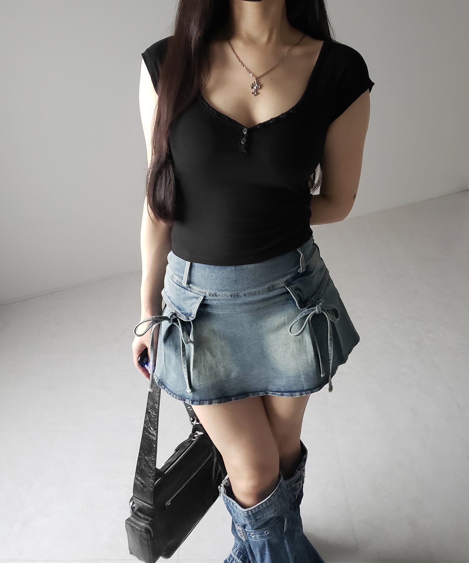 【 2color / 3size 】ヴィンテージライクリボンデニムミニスカパン / vintage like ribbon denim mini skirt pants