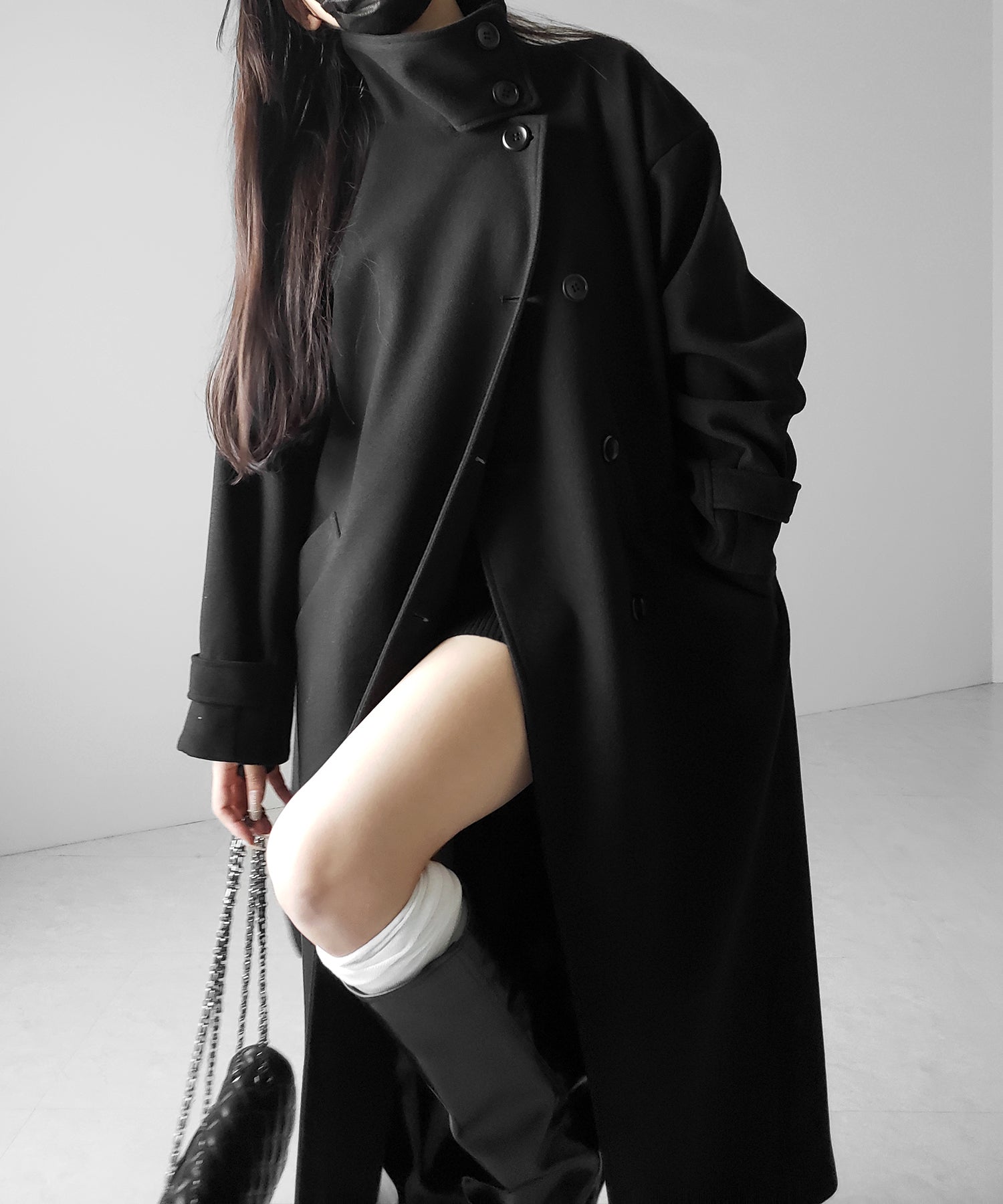 【 ウエストマークベルトSET 】2WAY スタンドカラーレディメルトントレンチロングコート / 2WAY stand collar lady melton trench long coat