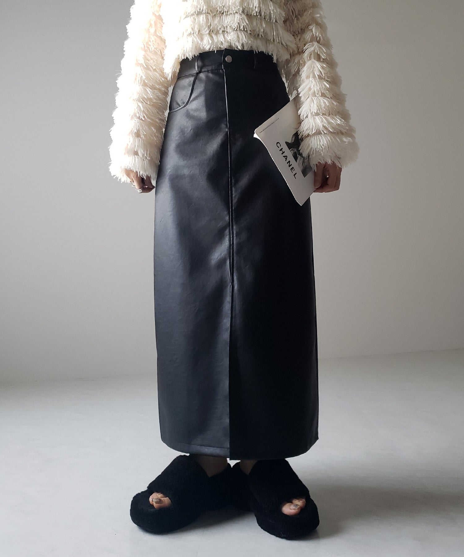 【 3color / 3size 】フロントスリットヴィンテージフェイクレザースカート