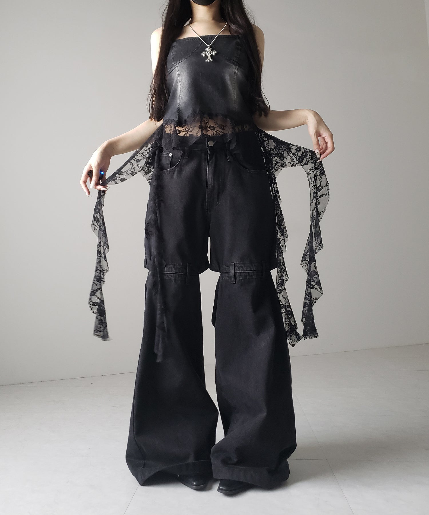【 2color 】ヴィンテージライクレースフリルデニムビスチェ / vintage like lace frill denim bustier