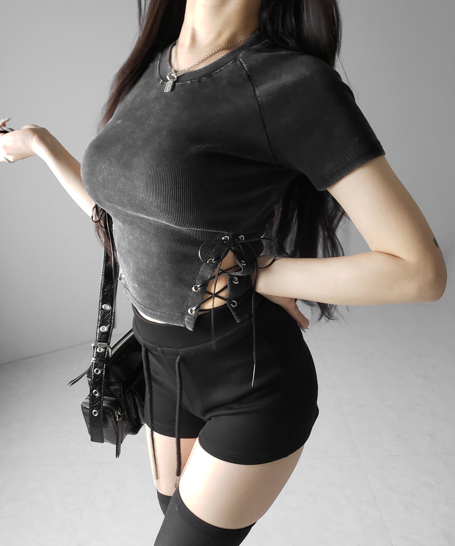 ヴィンテージサイドレースアップカットアウト半袖ショートTシャツ / vintage side lace up cutout short short sleeve T-shirts