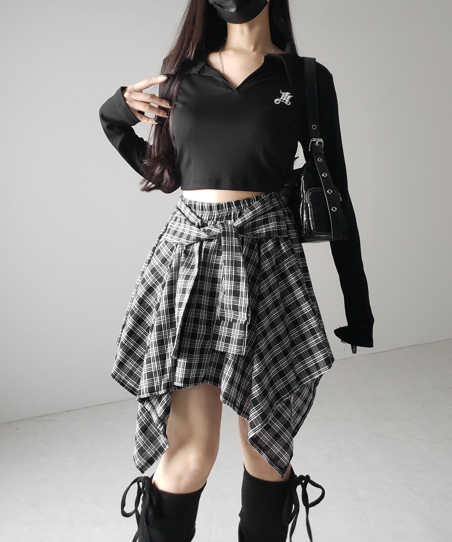 【 選べる2素材/インナーパンツ裏地付 】シャツレイヤードチェックミニスカート / shirt layered check mini skirt