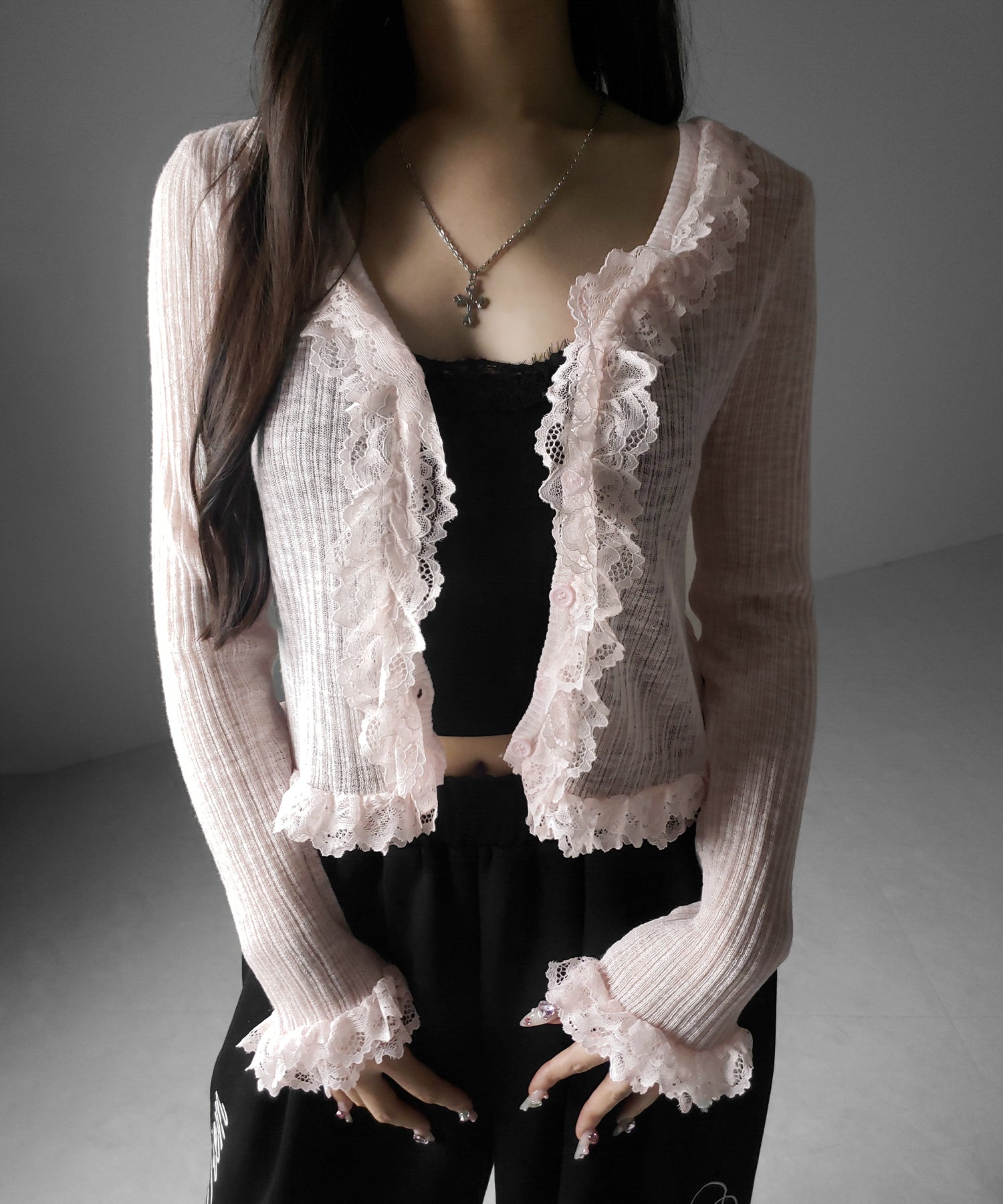 レースフリルシアーニットカーディガン / lace frill sheer knit cardigan