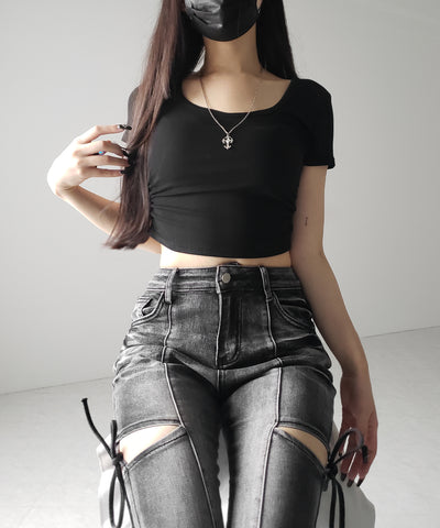 スクエアネックショートスリム半袖Tシャツ / square neck short slim sleeve T-shirt