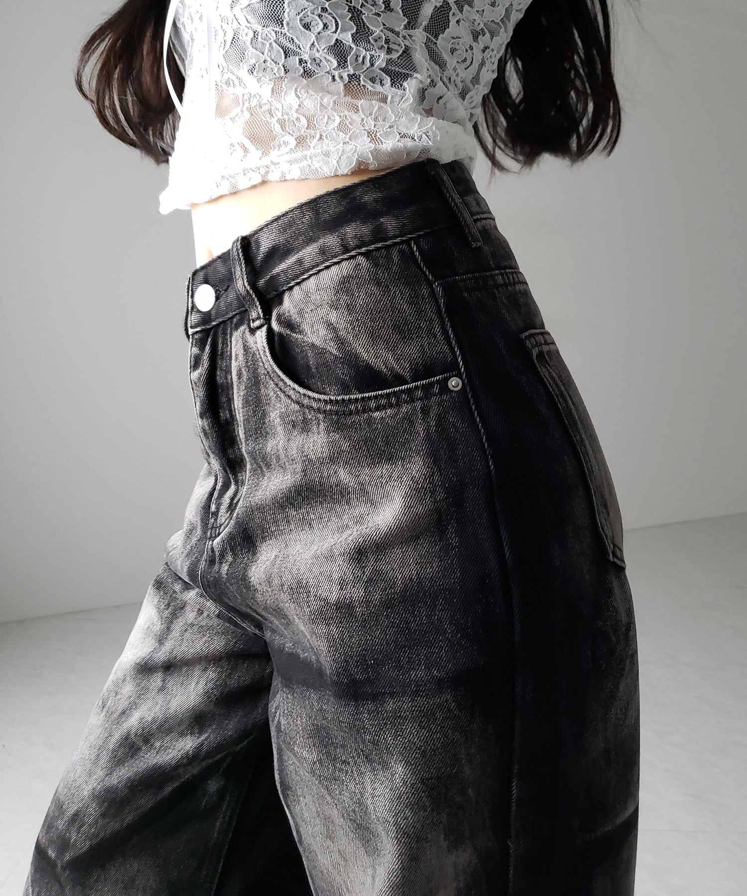 【 4size 】CRACKクラッシュヘビーブリーチブラックワイドデニム / CRACK crash heavy bleach black wide denim