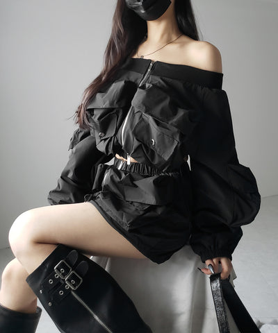 【 セットアップ 】アウトポケットオフショルカーゴブルゾン & ダブルジップカーゴミニスカート SET / out pocket off shoulder cargo blouson & double zip cargo mini skirt SET