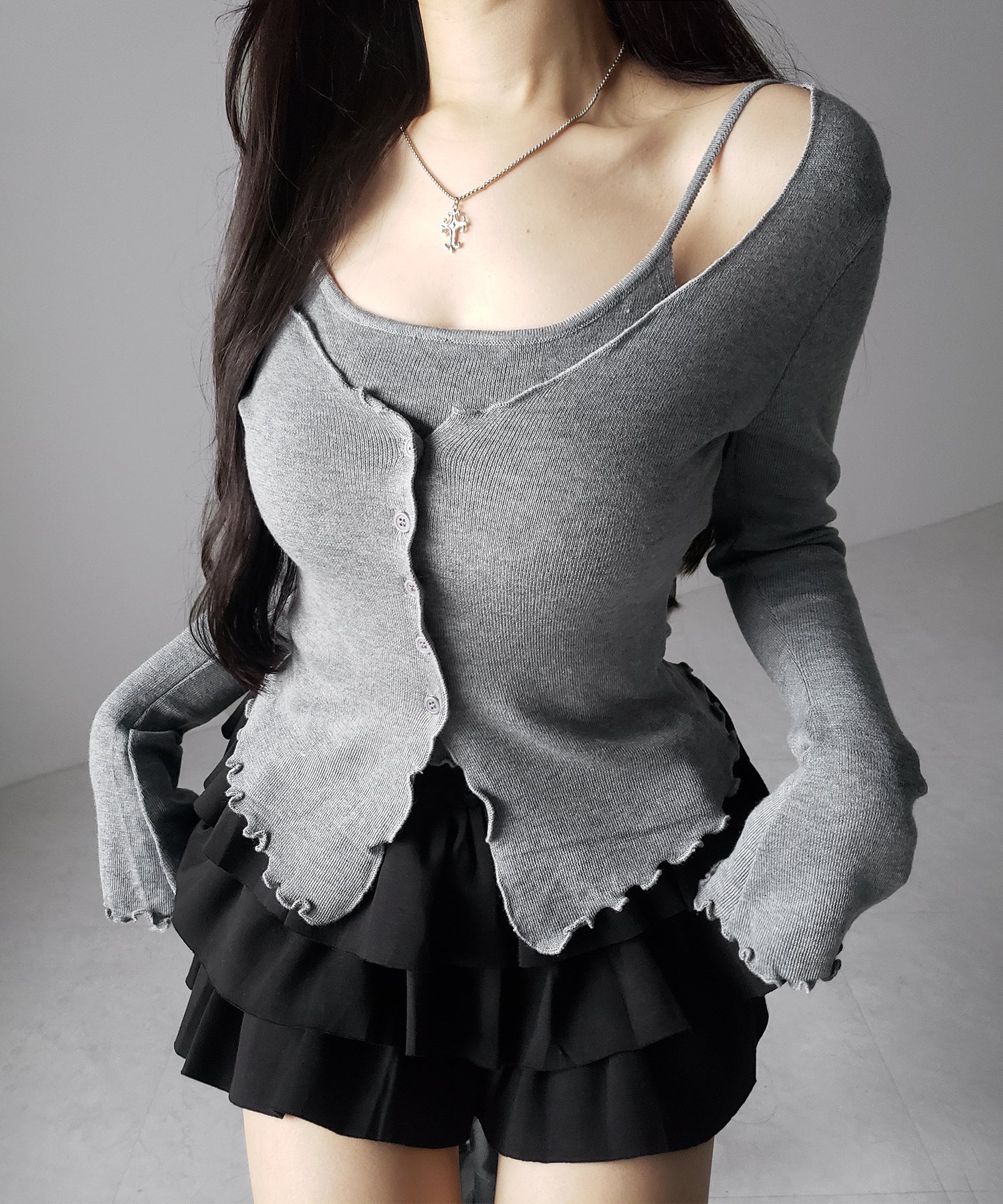 レイヤード風メロースリムニットカーディガン / layered mellow slim knit cardigan