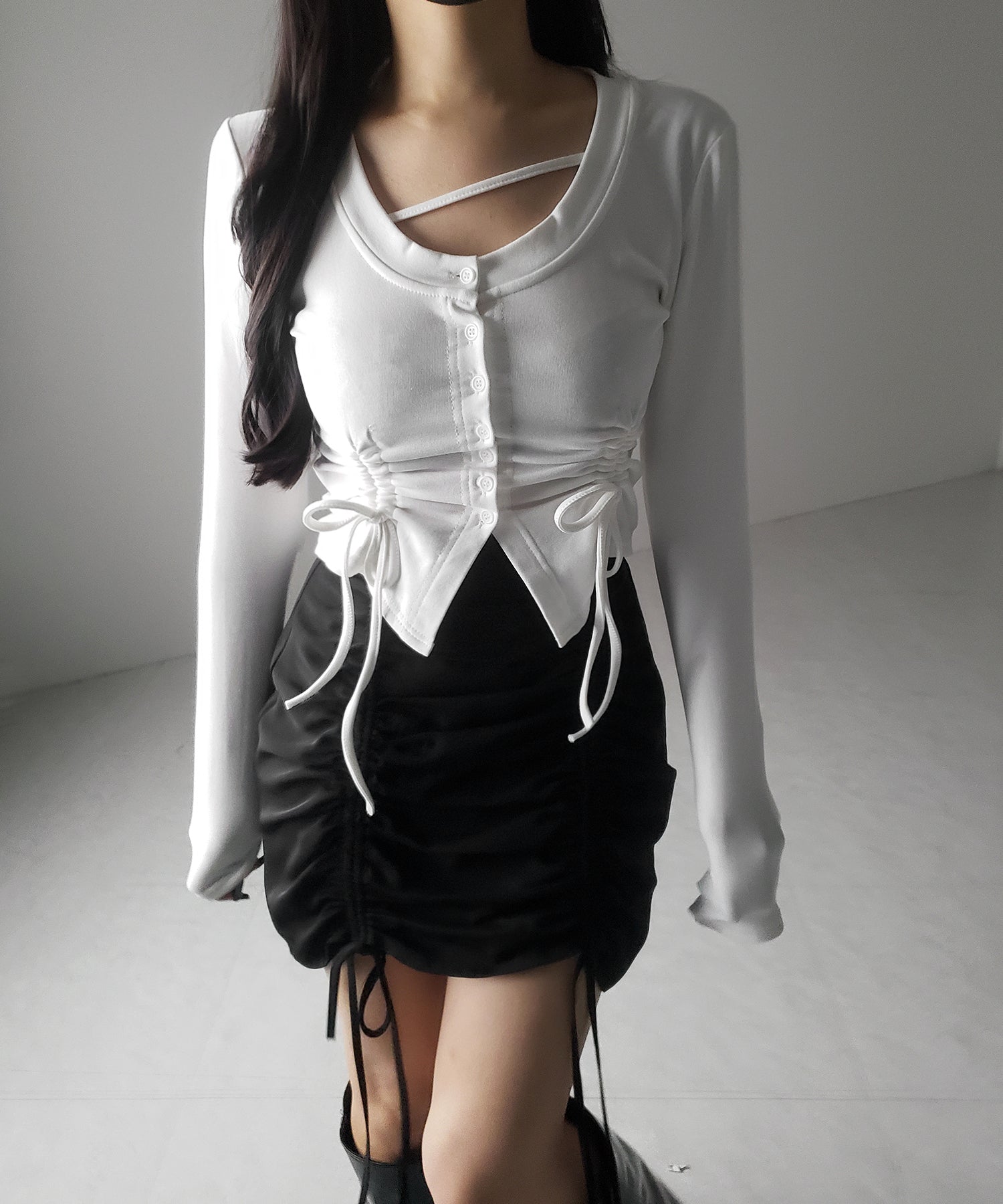 【 2color / 裏起毛 】ナナメストラップダブルシャーリングリボントップス / naname strap double shirring ribbon tops