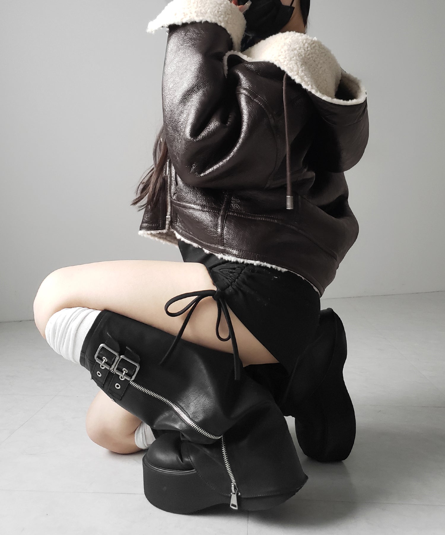 ヴィンテージレザーフーディボアムートンジャケット / vintage leather hoodie boa mouton jacket