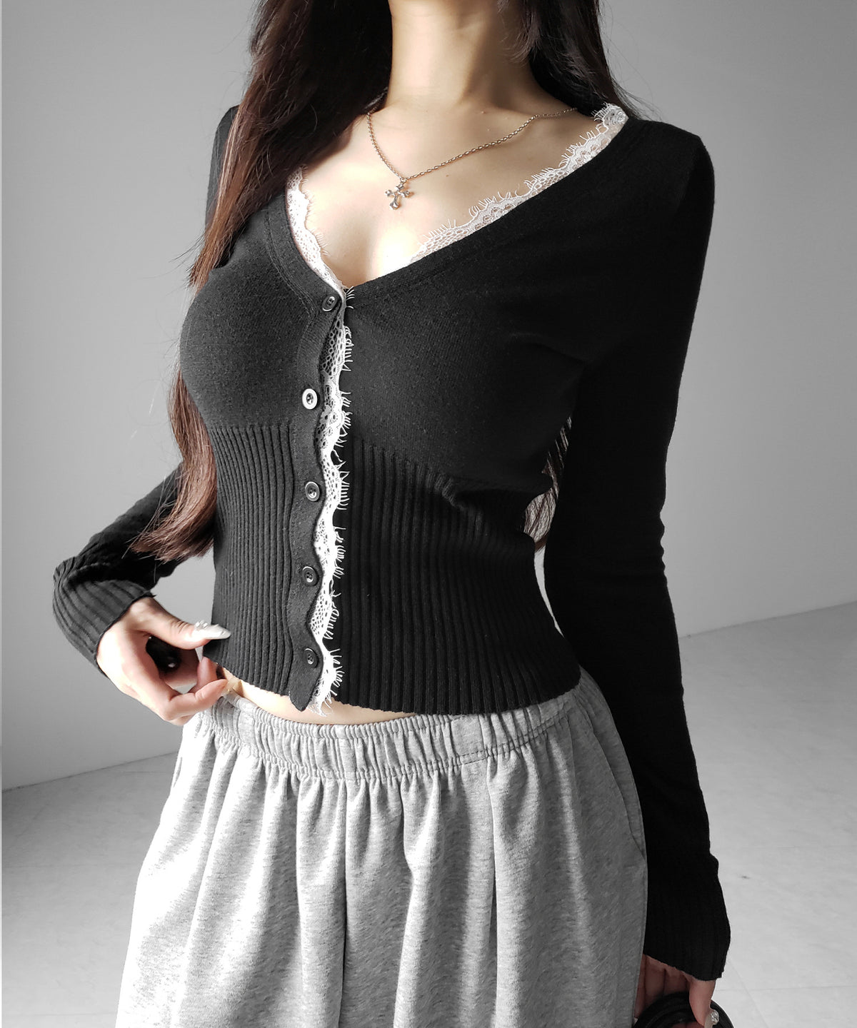 レースドッキングウエストリブ長袖ニットカーディガン / lace docking waist lib longsleeve knit cardigan