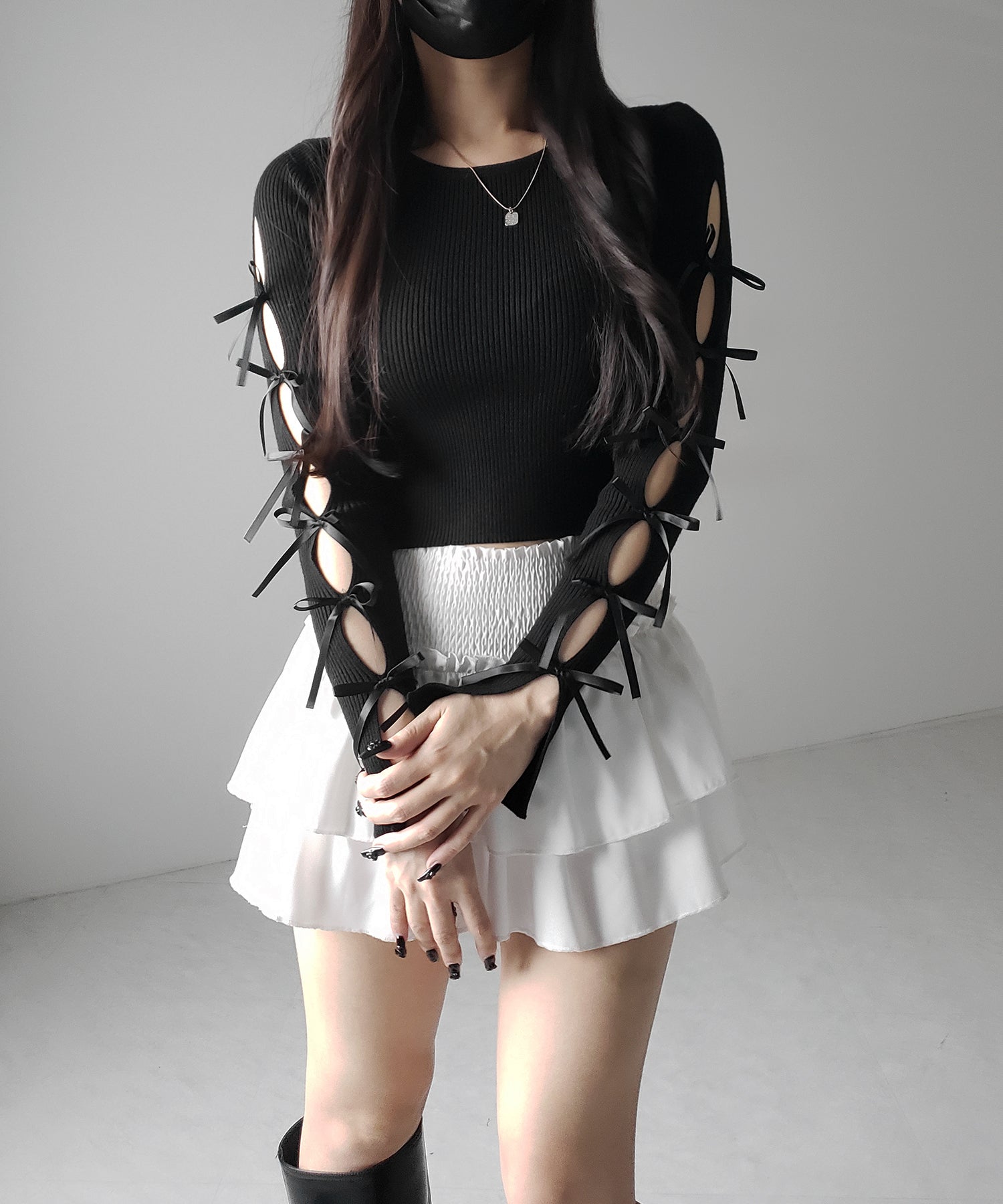 【 2color 】カットアウトリボンショートリブニット / cut out ribbon short rib knit