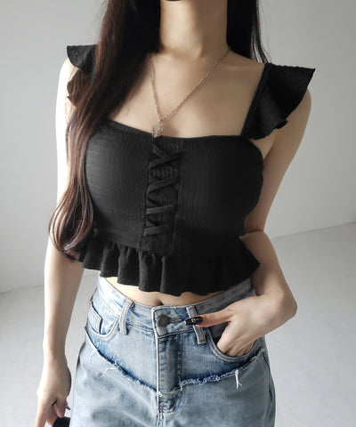 【 レディース水着/2点セット 】レースアップショルダーフリルハイウエストフレアビキニ / lace-up shoulder frill high waist flare bikini