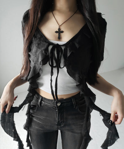 ダメージフリル半袖ショートリボンカーディガン / damage frill short sleeve short ribbon cardigan