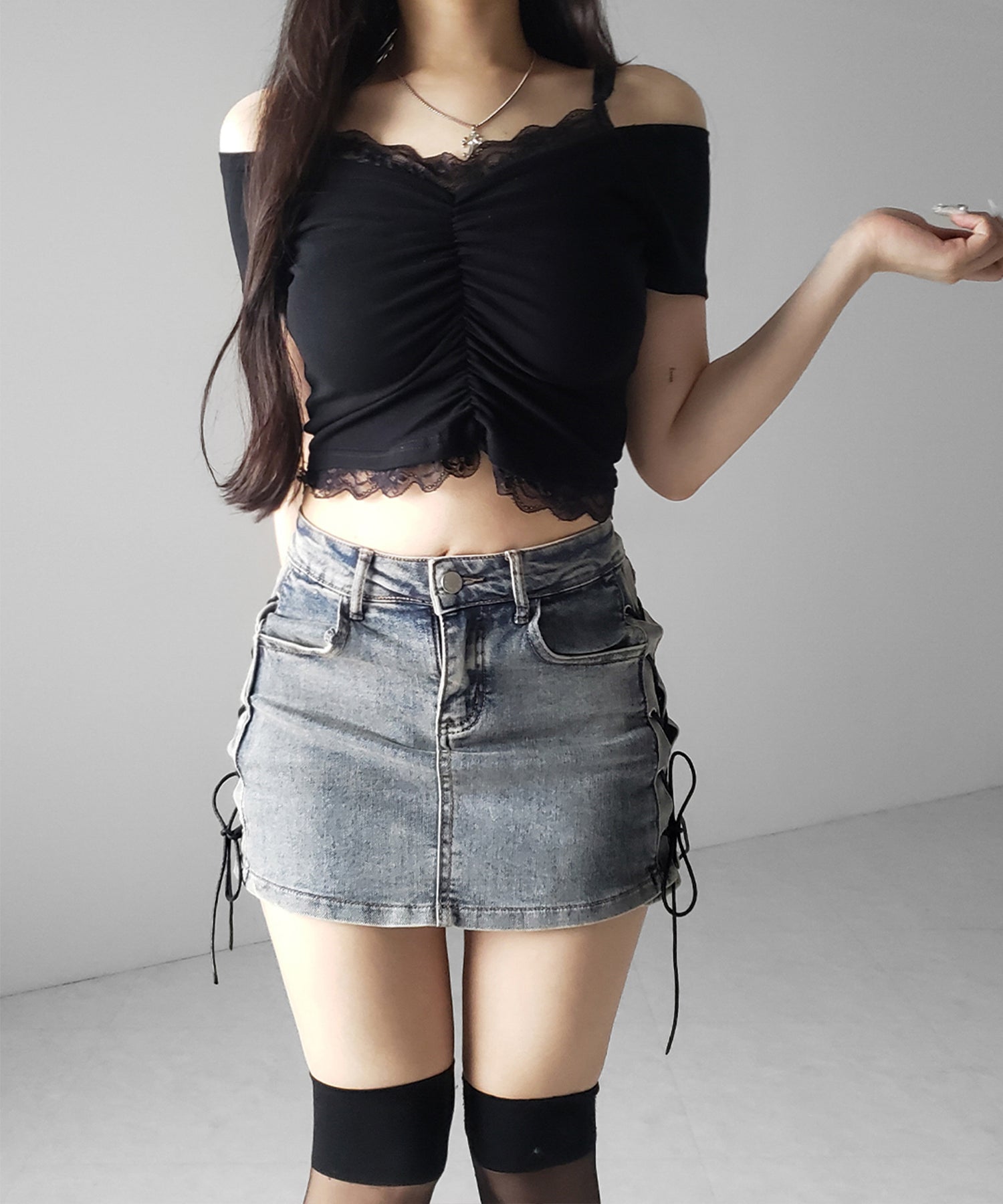 レースアップストレッチデニムミニスカパン / lace up stretch denim mini skirt pants