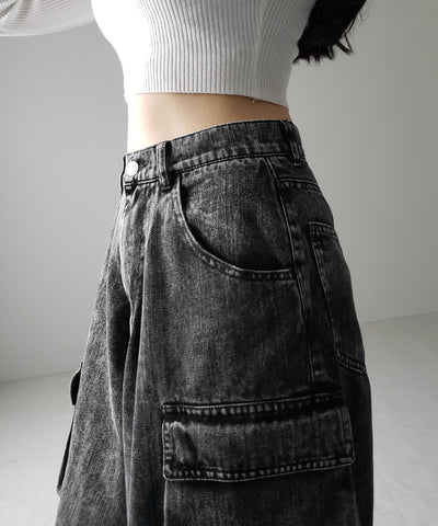 【 デニムセットアップ着用可能 】ヴィンテージケミカルブリーチヘビーワイドカーゴデニム / vintage chemical bleach heavy wide cargo denim