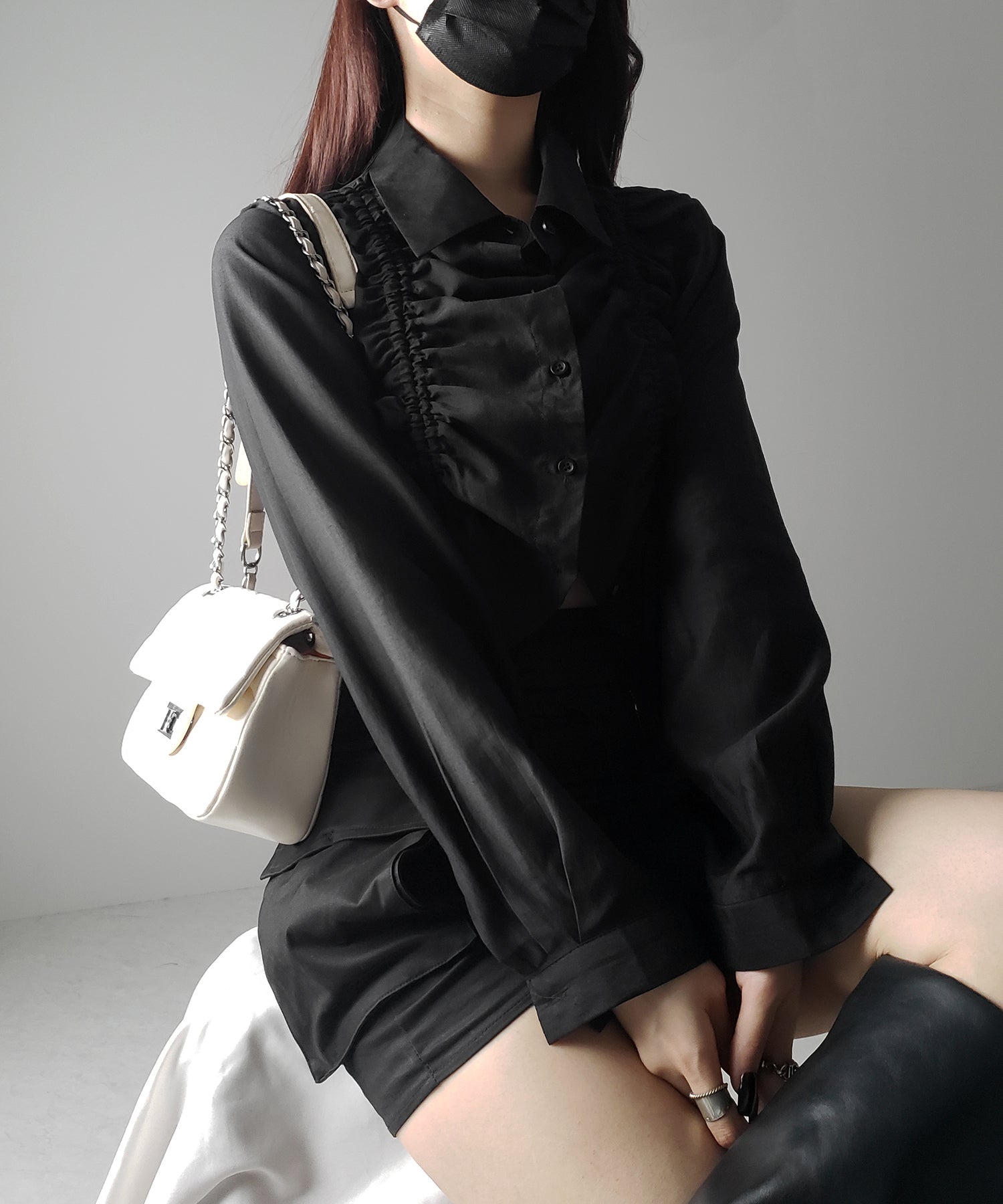 【 3color 】ダブルリボンシャーリングショートシアーシャツ / double shirring ribbon short sheer shirts