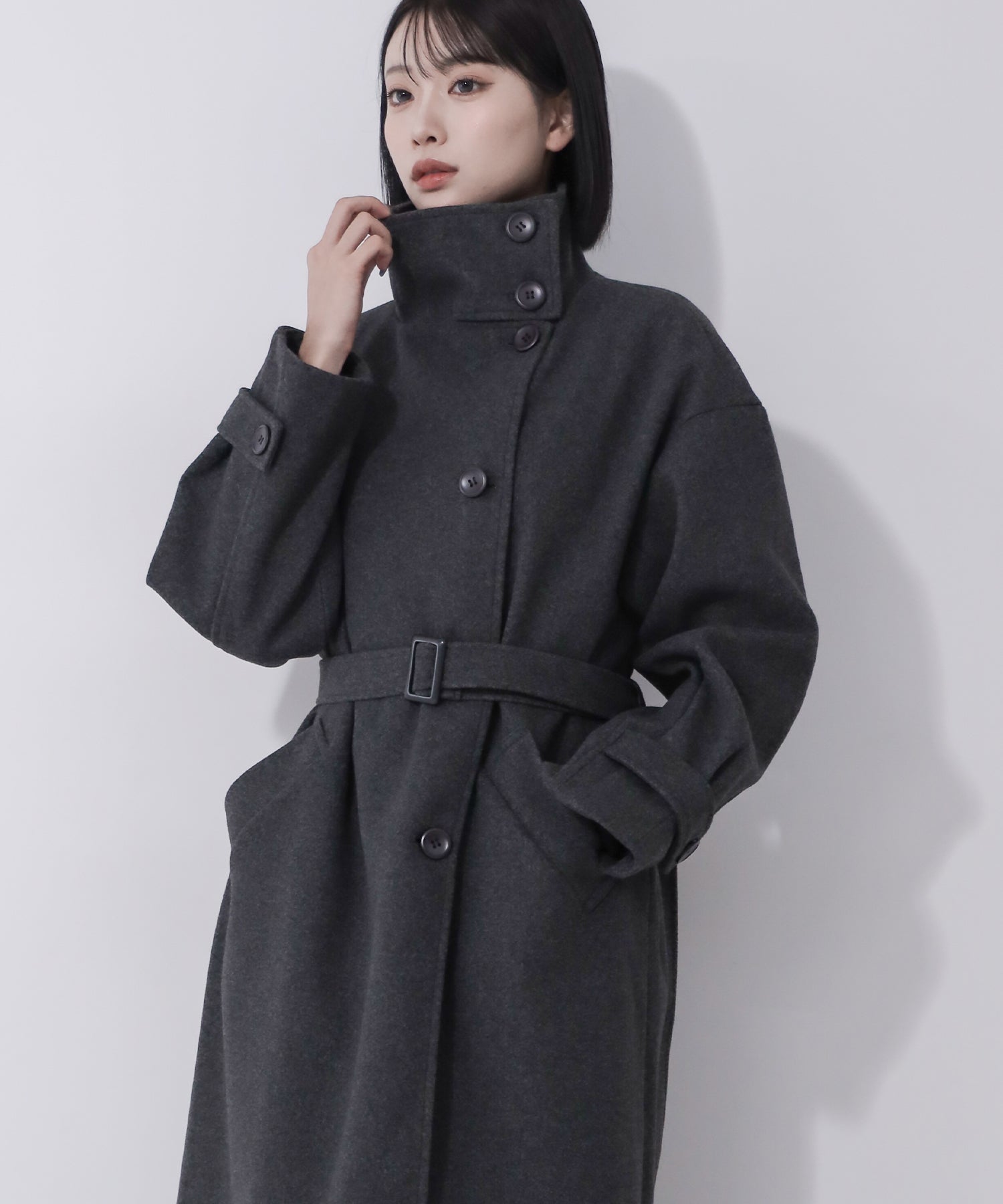 【 ウエストマークベルトSET 】2WAY スタンドカラーレディメルトントレンチロングコート / 2WAY stand collar lady melton trench long coat