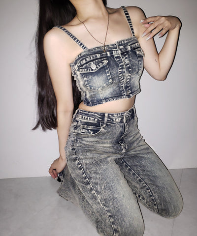 【 セットアップ 】ヴィンテージライクデニムビスチェ + ストレッチフレアデニム SET / 【 SET UP 】 vintage like denim bustier + stretch flare denim