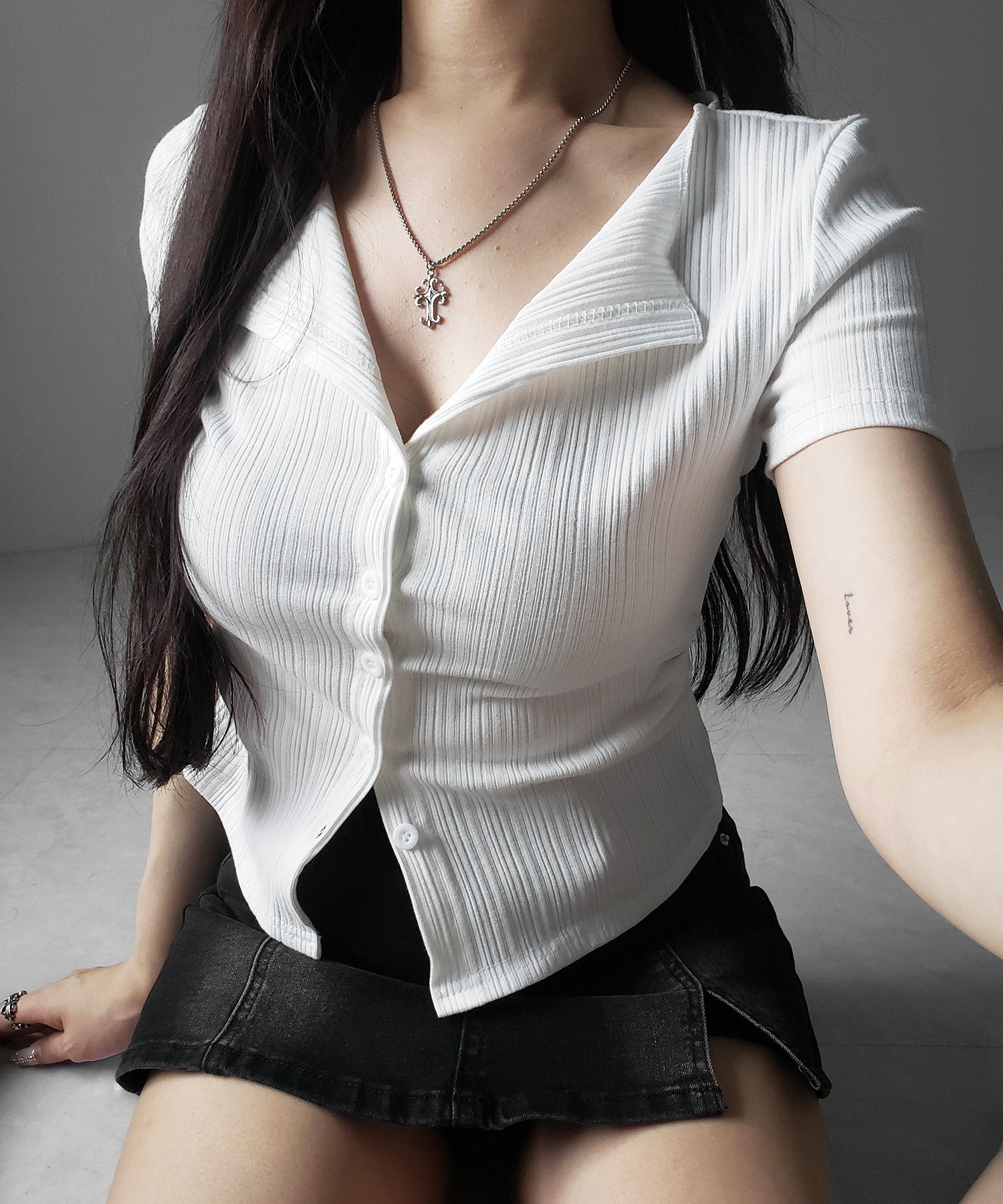 フロントボタン半袖リブカーデトップス / front button short sleeve lib cardigan tops