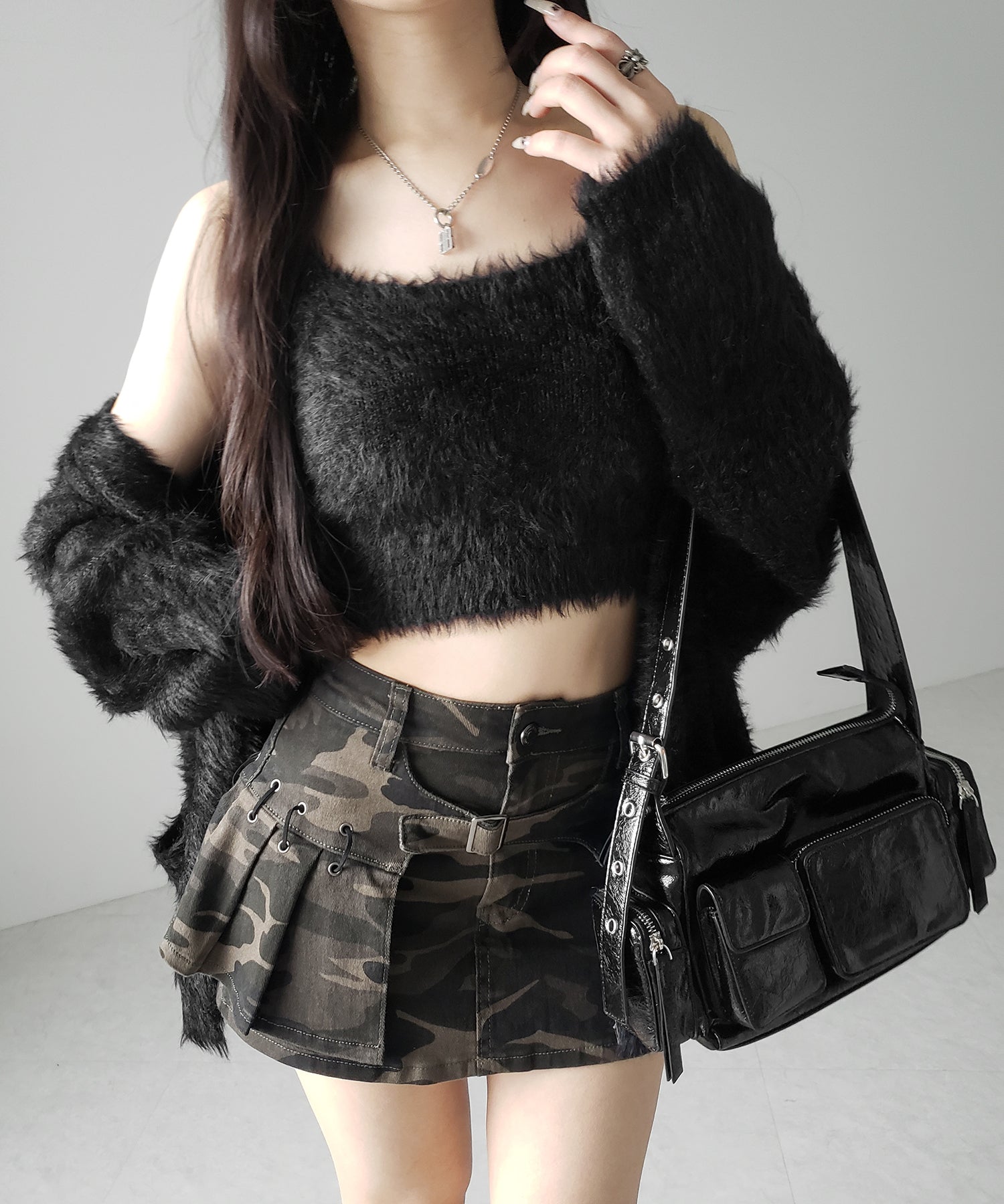 【 インパン裏地付 】カモフラベルテッドマイクロプリーツミニスカパン / camouflage belted micro pleats skirt pants