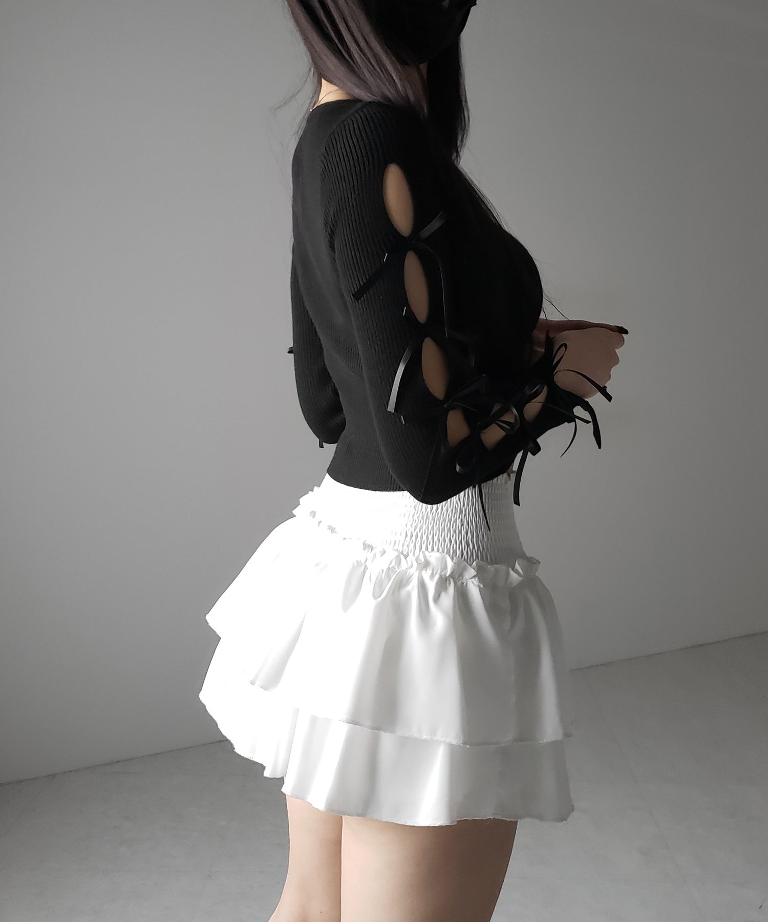 【 2color 】カットアウトリボンショートリブニット / cut out ribbon short rib knit