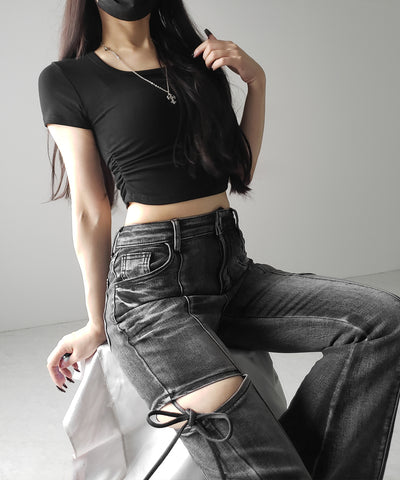 スクエアネックショートスリム半袖Tシャツ / square neck short slim sleeve T-shirt