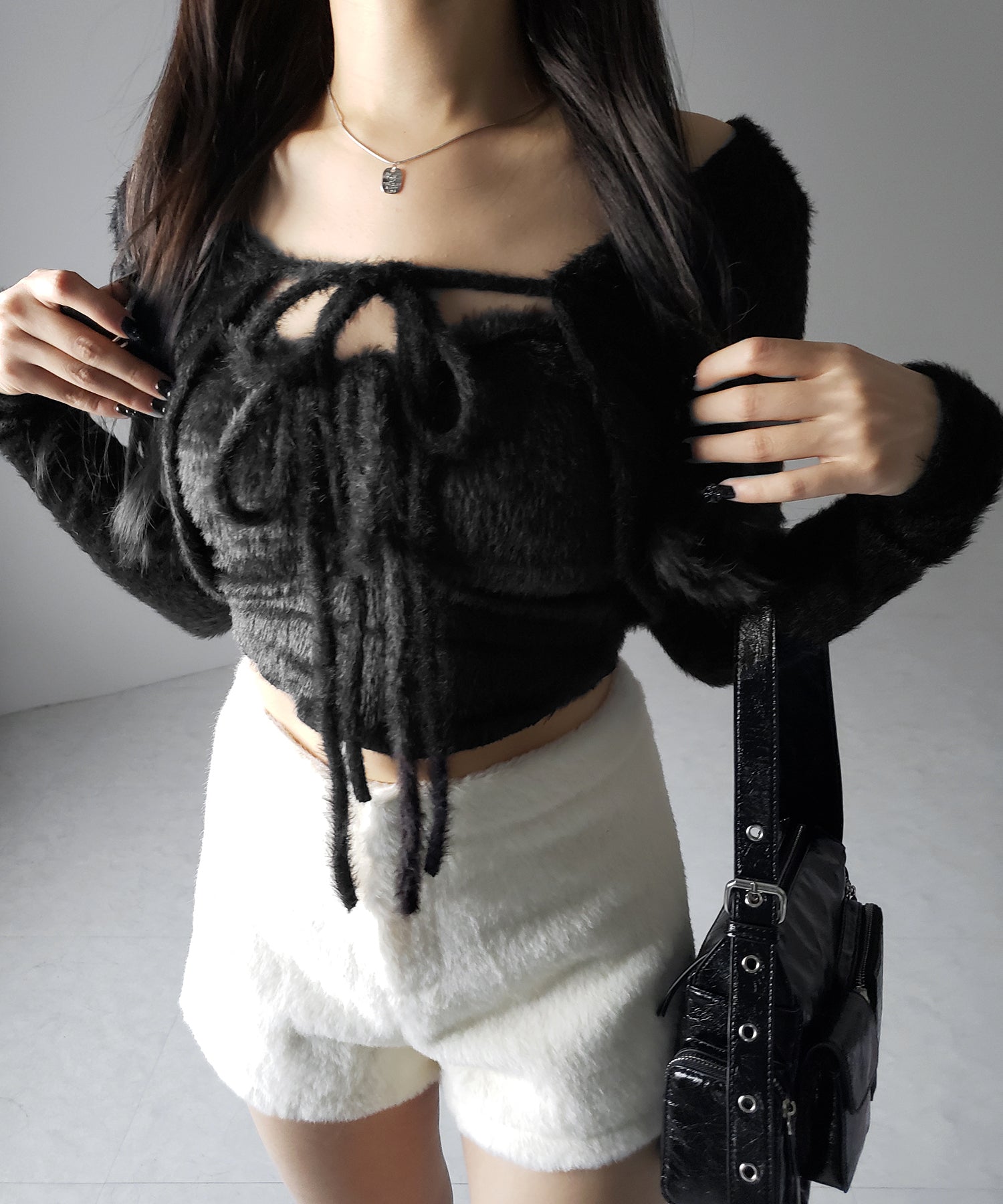 【 2点セット 】シャギーリボンベアトップス & ショートシャギーカーディガン SET / Shaggy ribbon bare tops & short shaggy cardigan