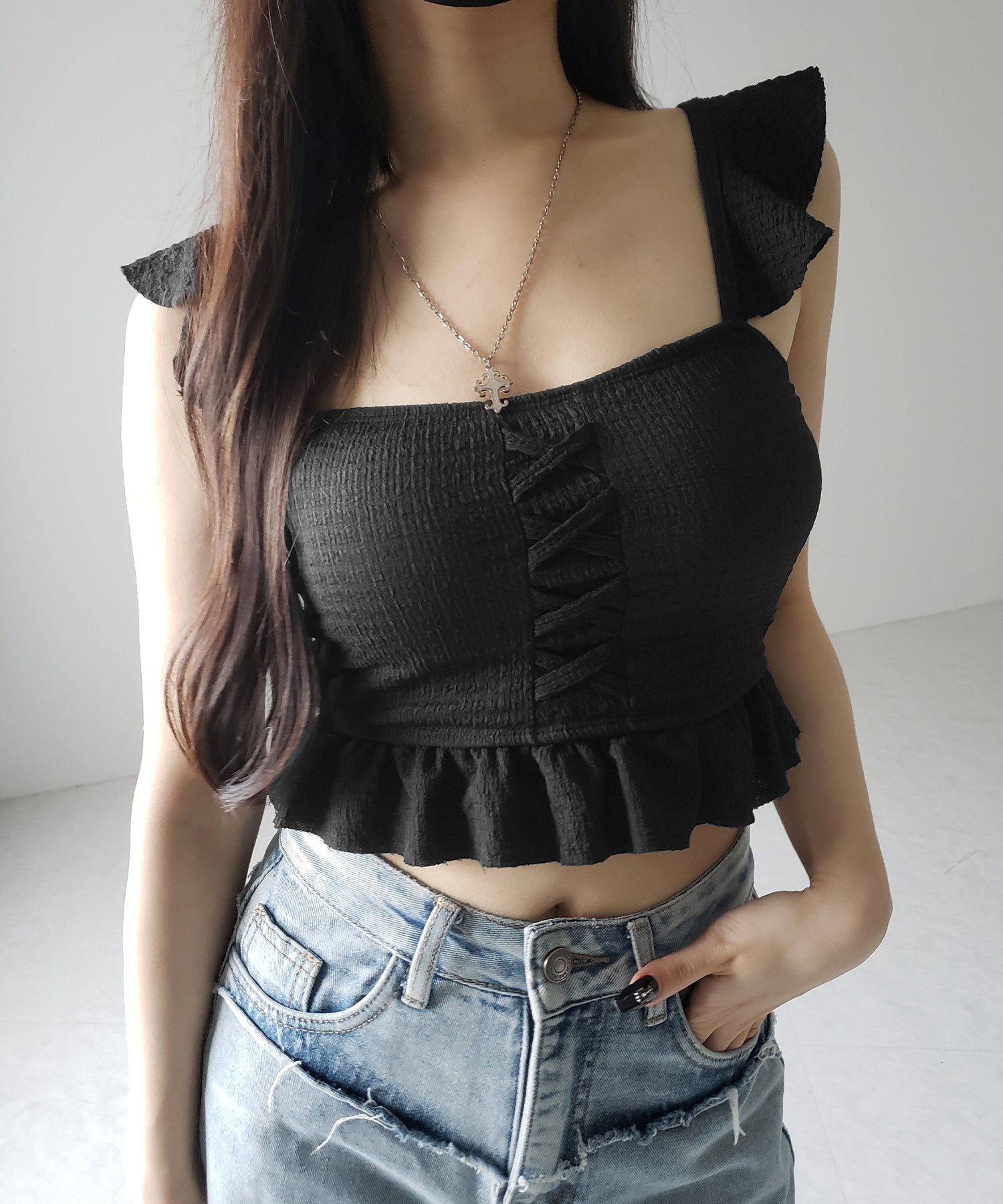 【 レディース水着/2点セット 】レースアップショルダーフリルハイウエストフレアビキニ / lace-up shoulder frill high waist flare bikini