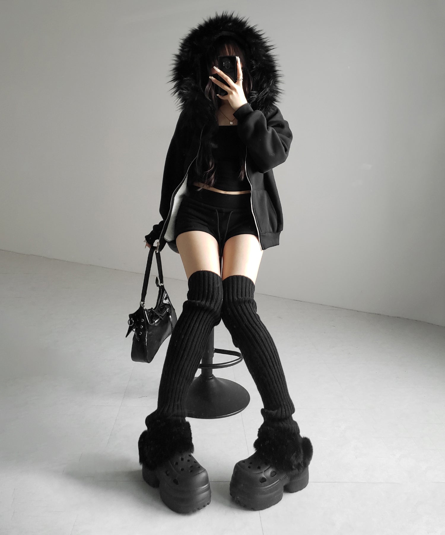 【 セットアップ 】裏起毛ファーフードオーバージップパーカー&スウェットショートパンツ / Urakimo fur over zip hoodie & sweat short pants SETUP