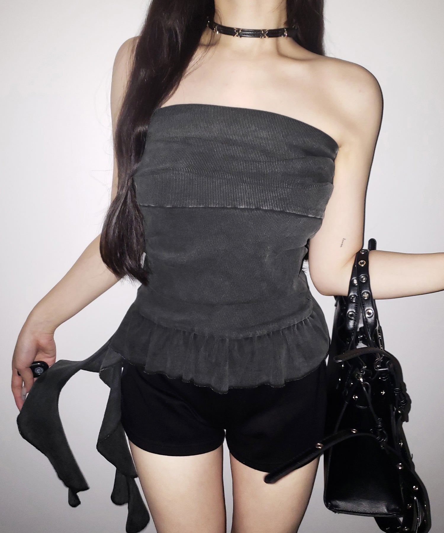 【 2color 】ヴィンテージピグメントフリルベアトップス / vintage pigment frill bare tops