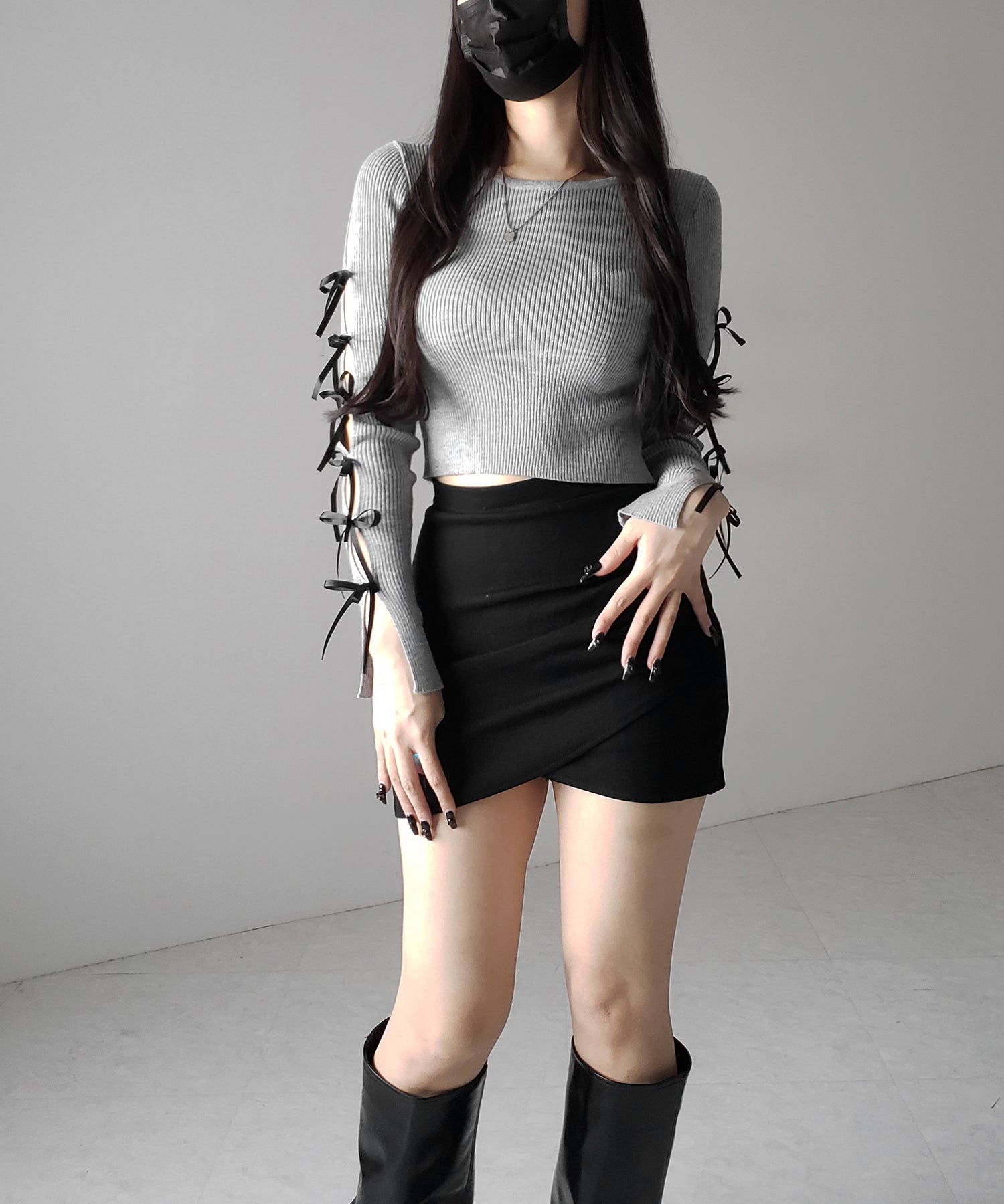 【 2color 】カットアウトリボンショートリブニット / cut out ribbon short rib knit