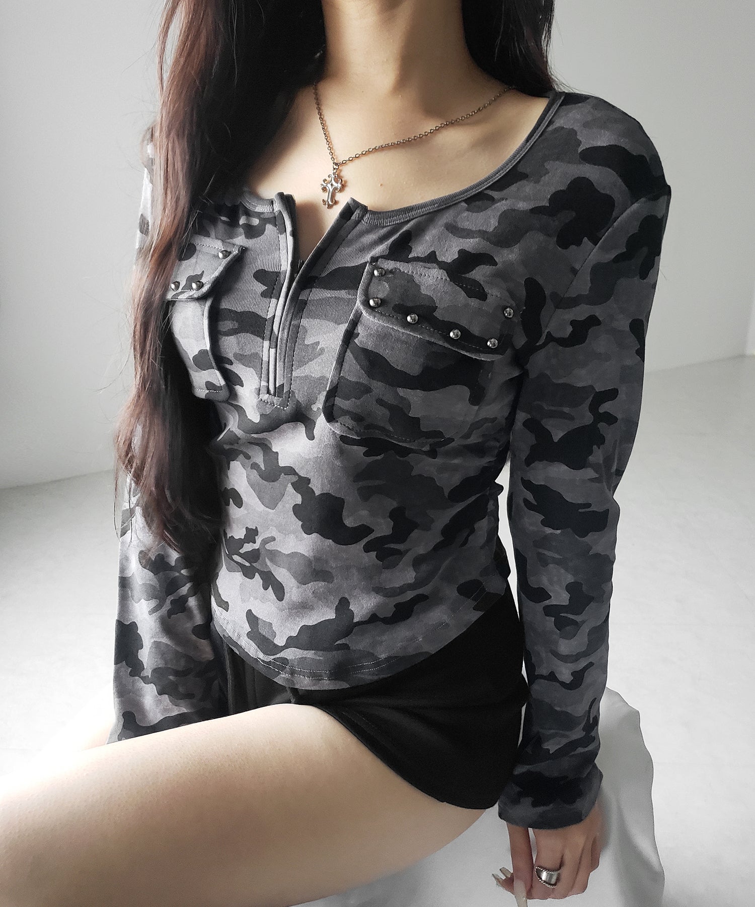 ヴィンテージカモフラアウトポケットジップロンT / vintage camouflage out pocket zip longsleeve T-shirt