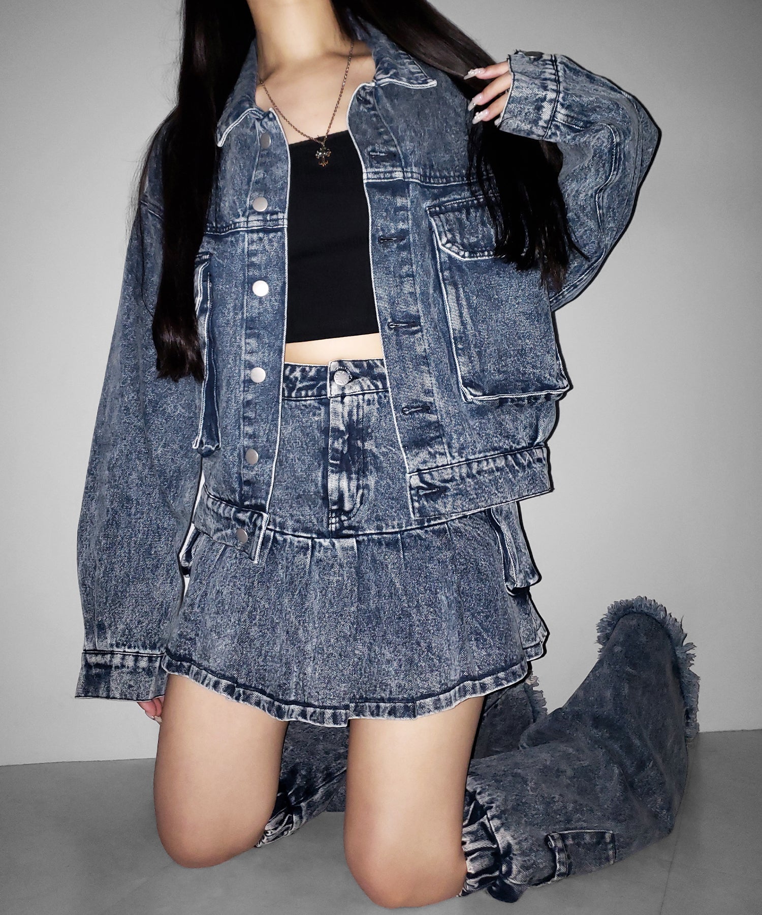 【 セットアップ着用可能 】ヴィンテージケミカルブリーチプリーツデニムミニスカート / vintage bleached pleated denim mini skirt
