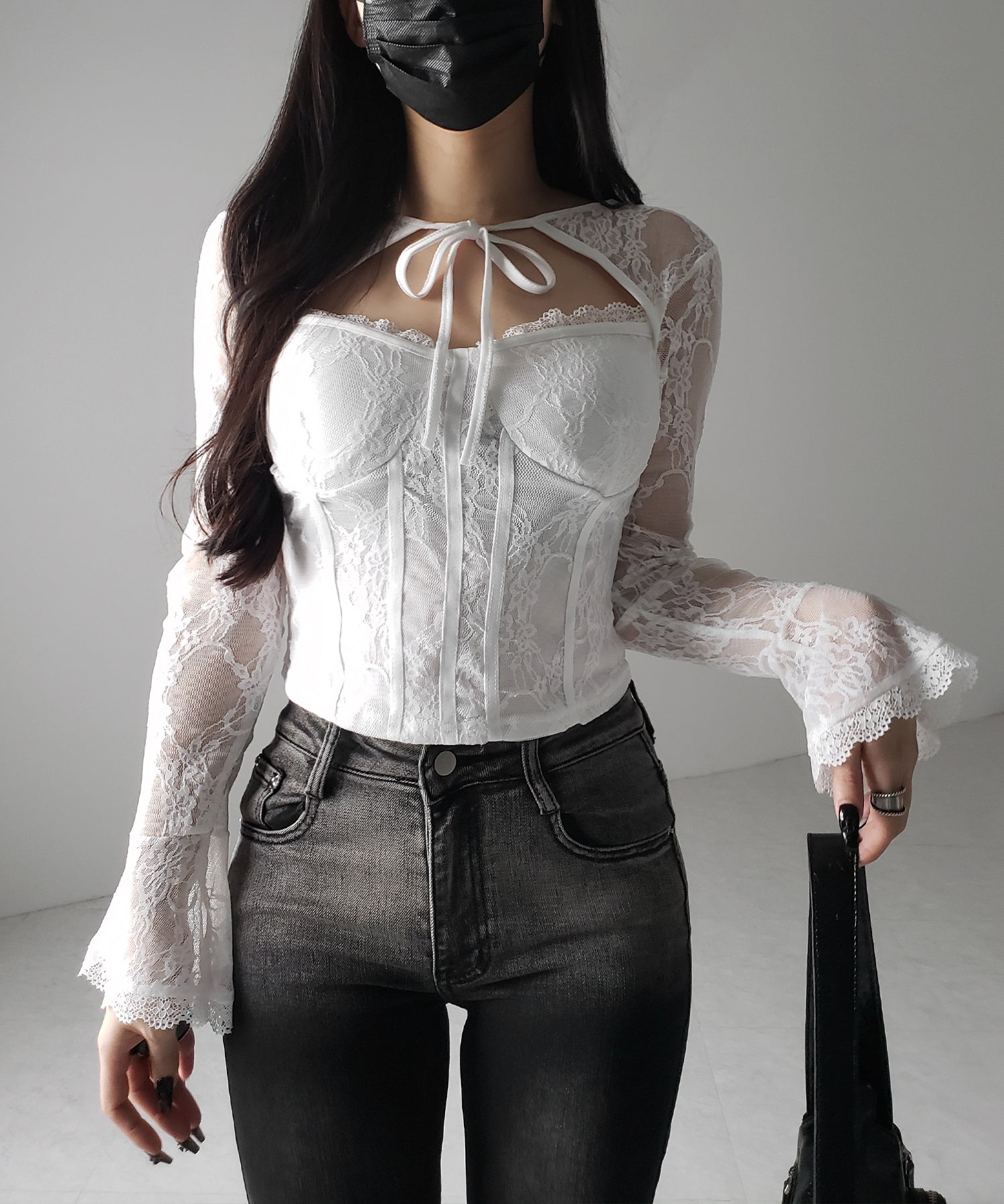 【 2color 】チョーカーネックリボンコルセットレーストップス / choker neck ribbon corset lace tops