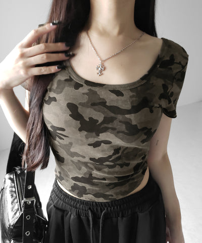 ヴィンテージカモフラスクエアネックショートTシャツ / vintage camouflage square neck short T-shirt