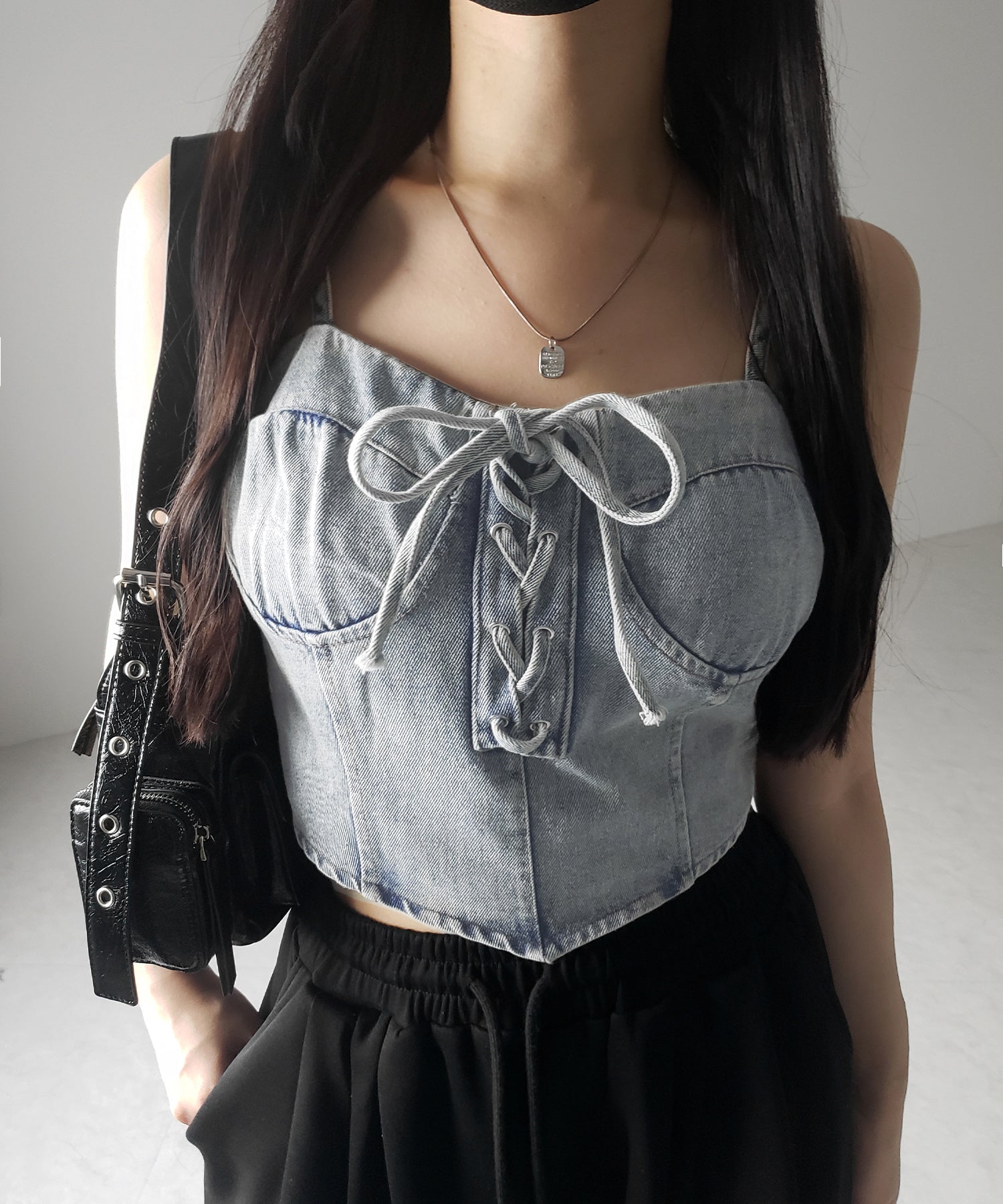 【 2color 】レースアップリボンコルセットデニムビスチェ / lace up ribbon corset denim bustier