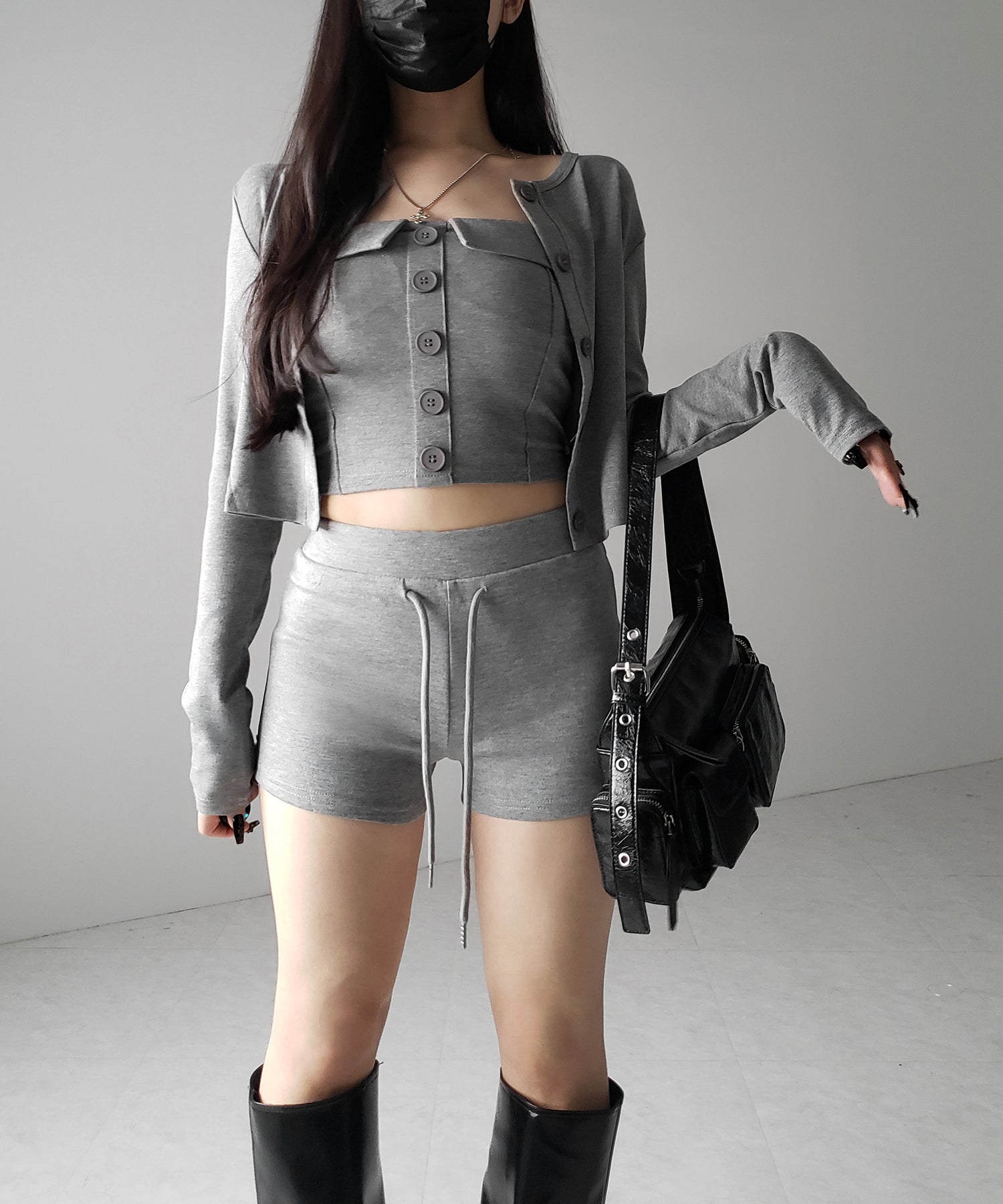 【 2点セット 】フロントボタンベアトップ + クロップドカットソーカーディガン SET / front button bare top + cropped cutsaw cardigan SET