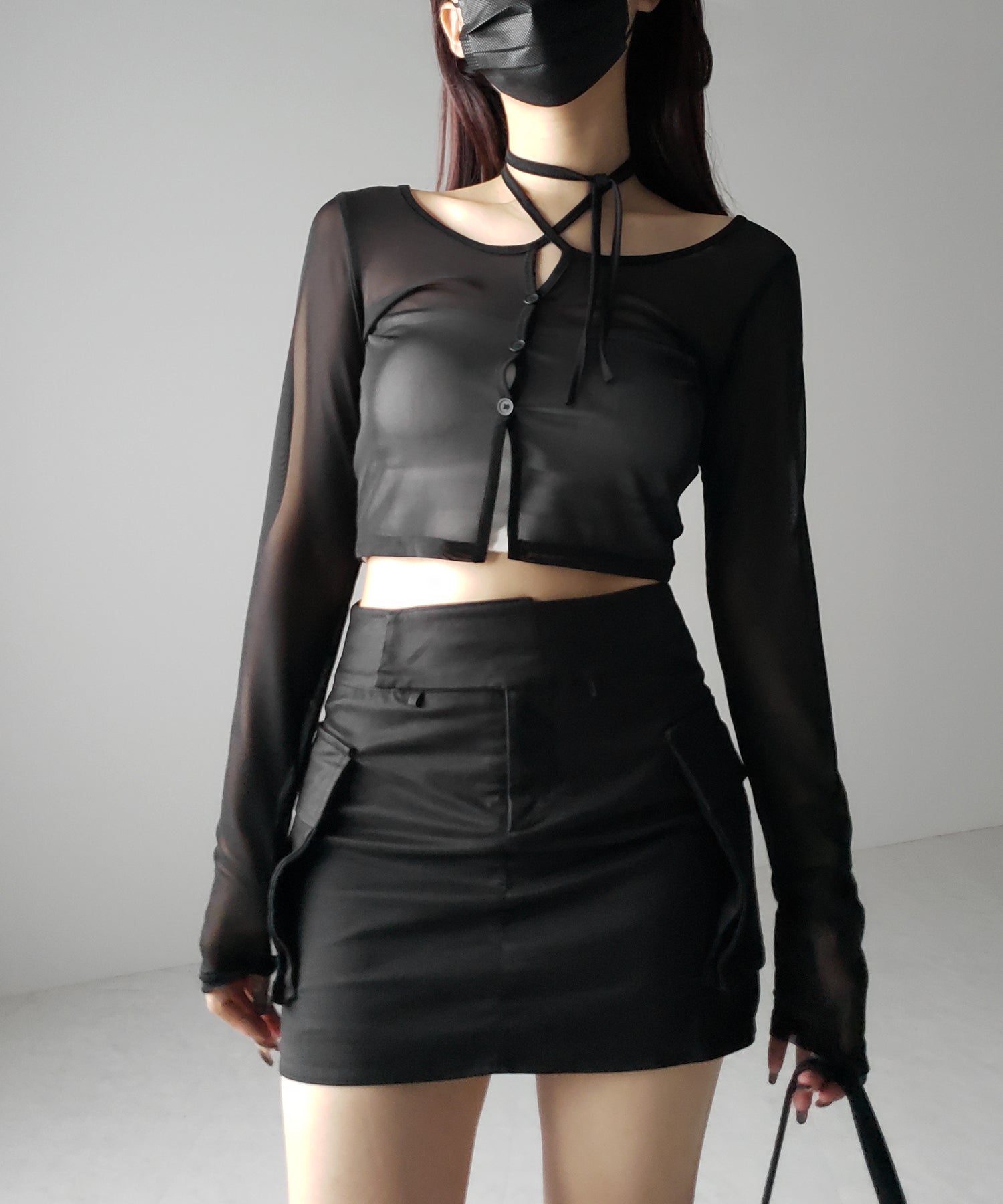 【 3color / 2WAY 】クロスストラップリボンシアーショートカーディガン / cross strap ribbon sheer short cardigan