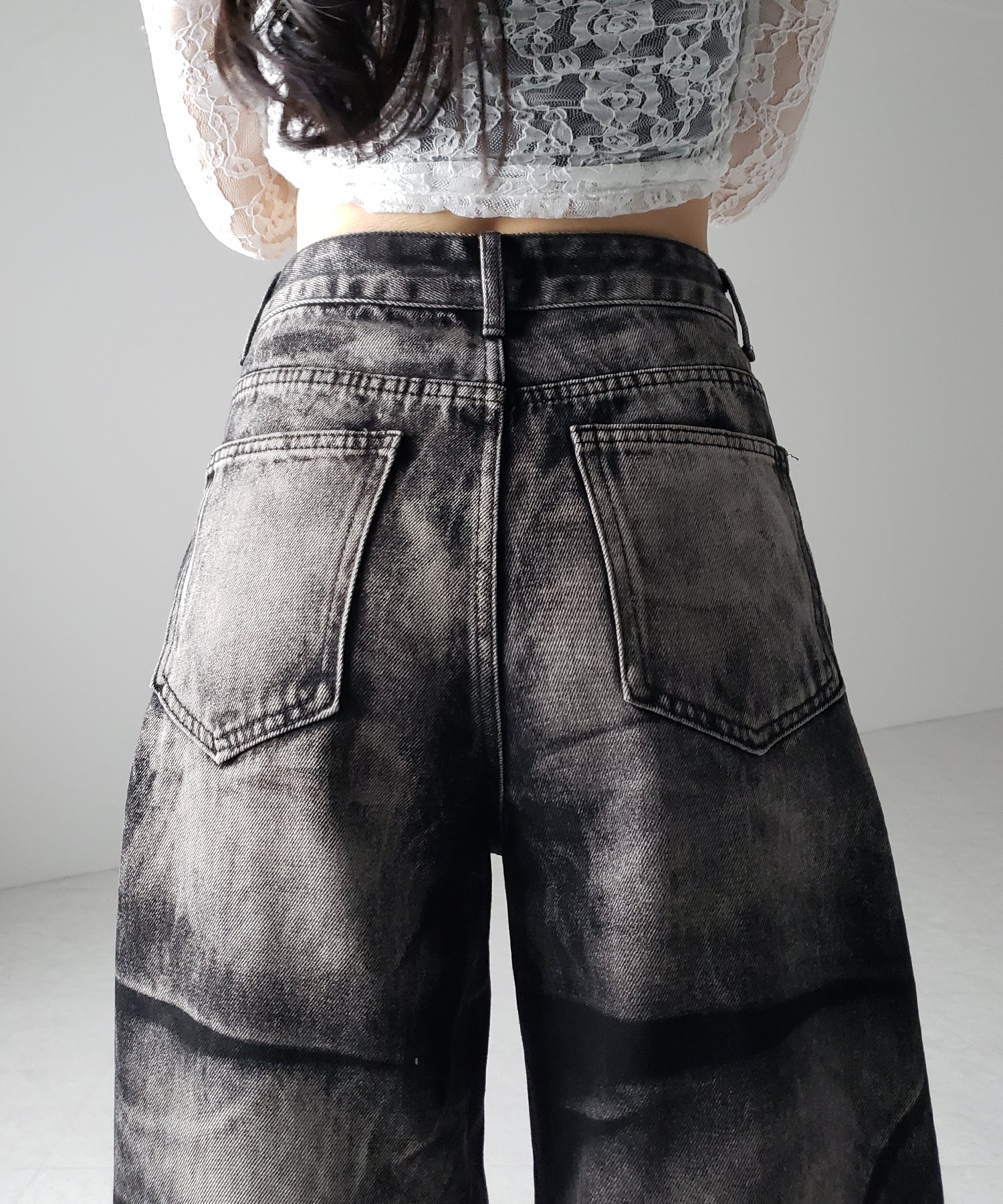 【 4size 】CRACKクラッシュヘビーブリーチブラックワイドデニム / CRACK crash heavy bleach black wide denim