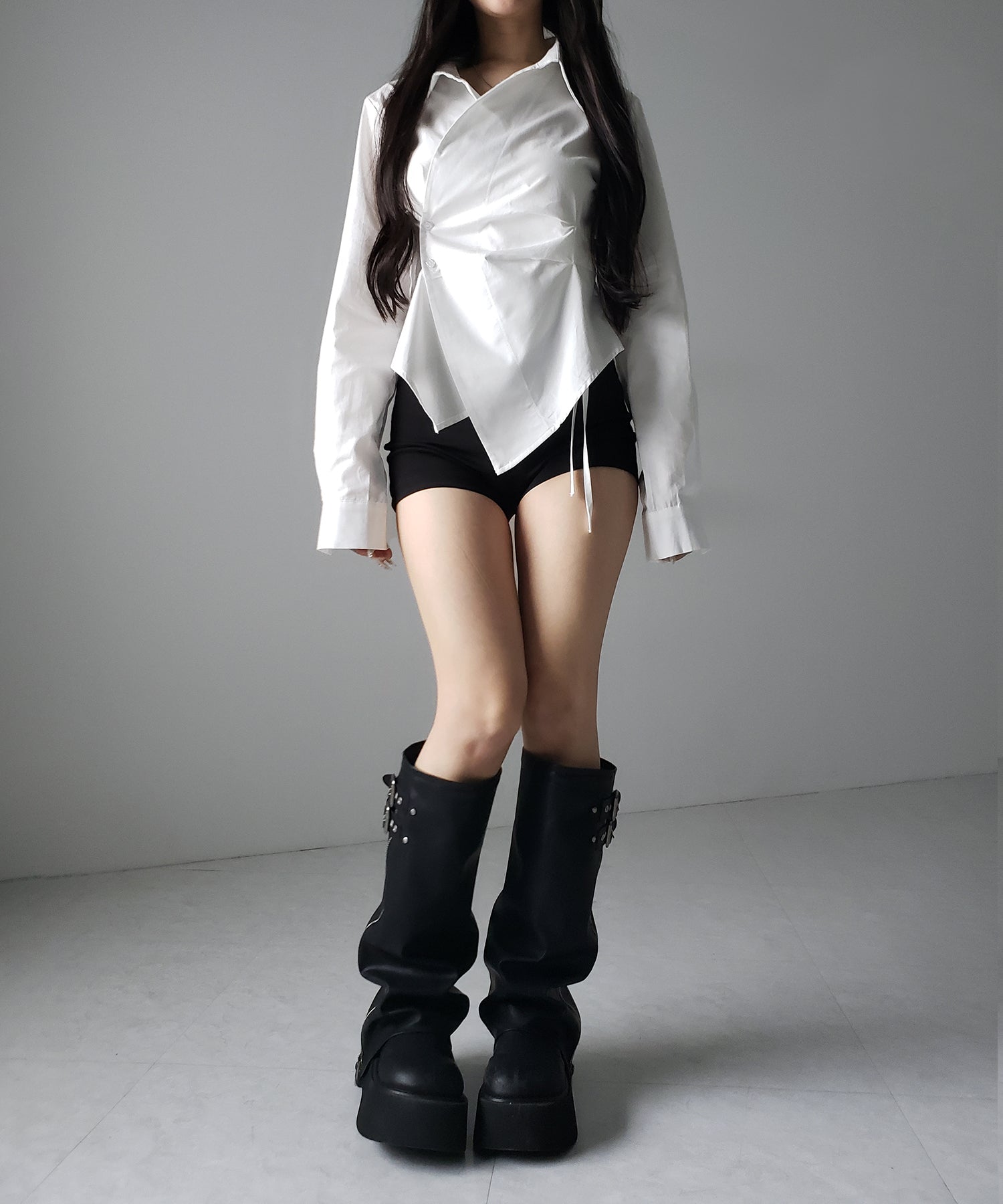 タックレイヤードアシンメトリーミディシャツ / tuck layered asymmetry midi shirts