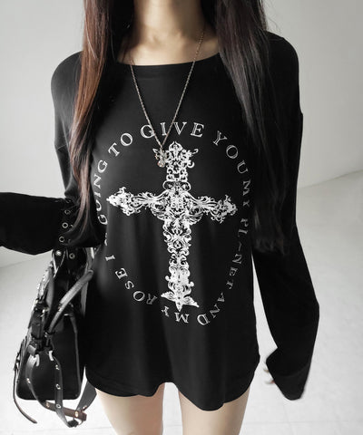 【 ワンショルにできる2way 】クロスロゴプリントワンショルルーズシアーTシャツ / 2WAY cross logo print one shoulder loose sheer T-shirt