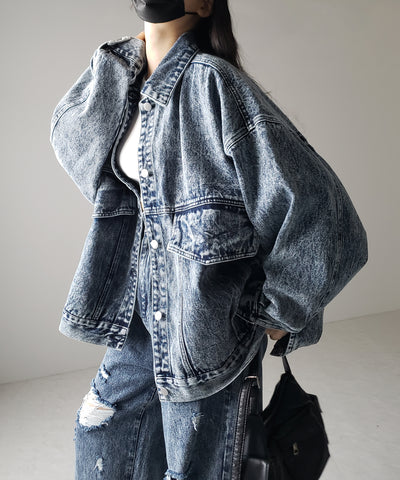 【 デニムセットアップ着用可能 】ヴィンテージケミカルブリーチボーイフレンドデニムジャケット / vintage chemical bleach boyfriend denim jacket