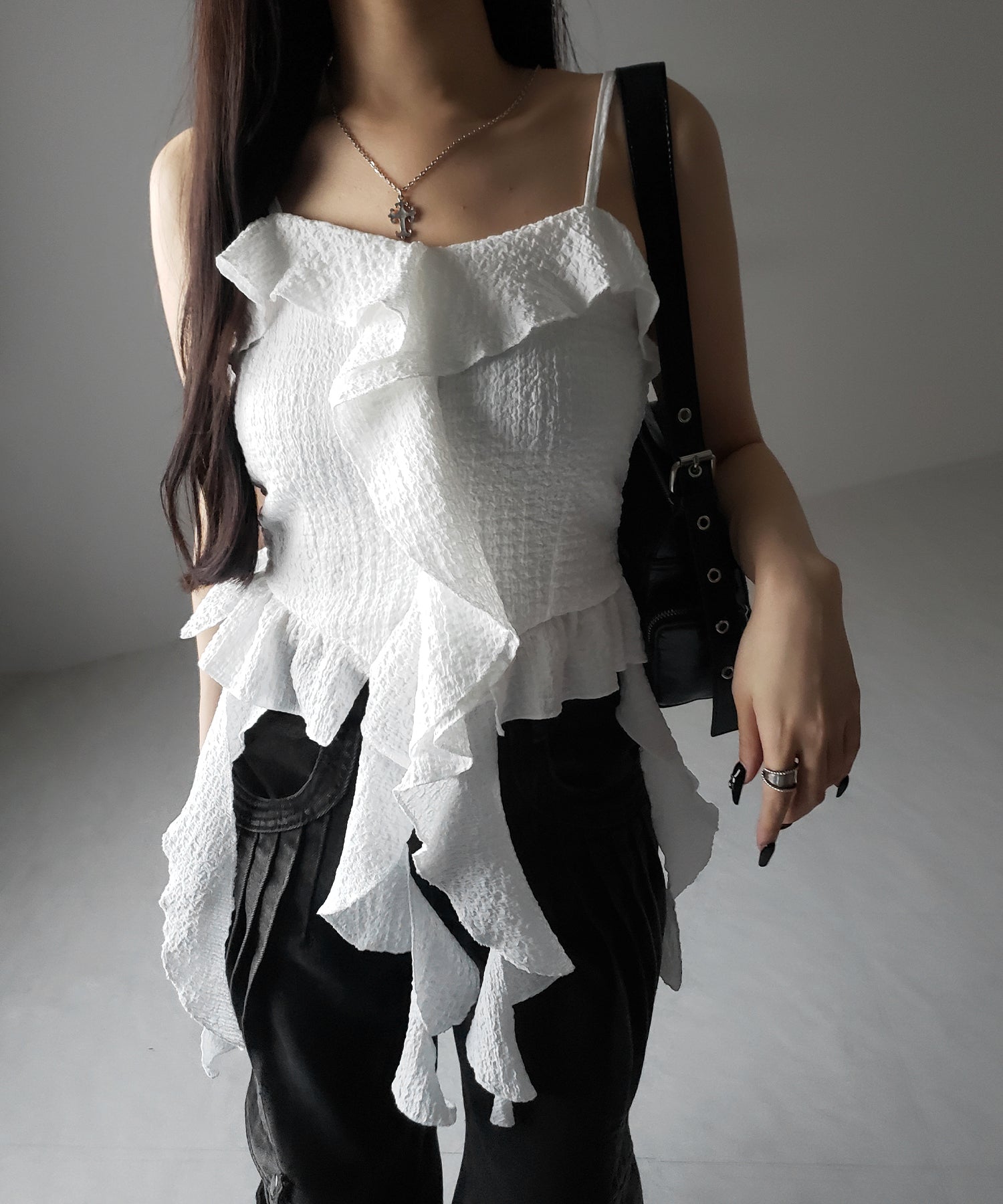ラッフルフリルレイヤードビスチェキャミソール / ruffle frill layered bustier camisole