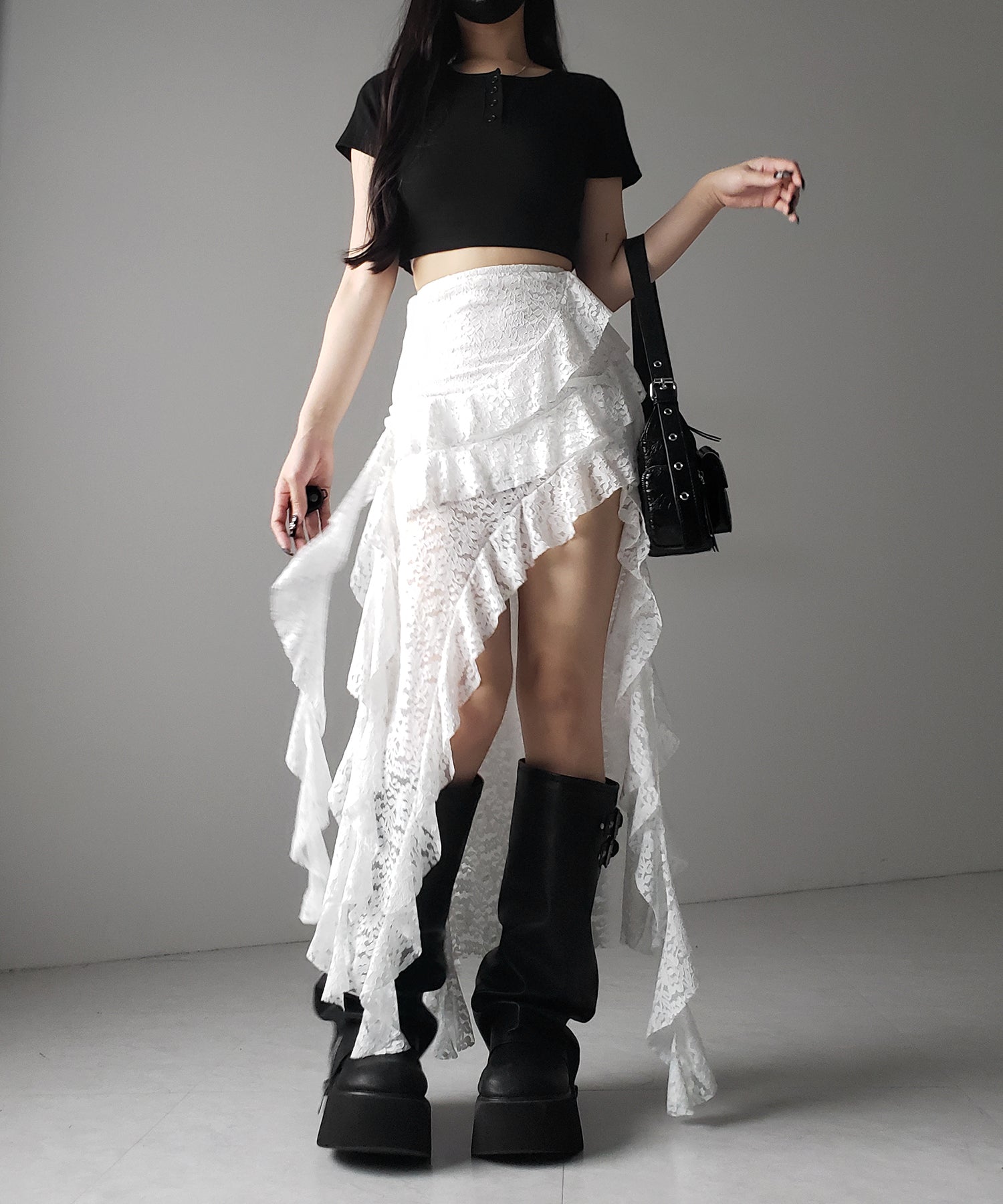 【 裏地付 】アシンメトリーフリルレーススリットロングスカート / asymmetry frill lace slit long skirt