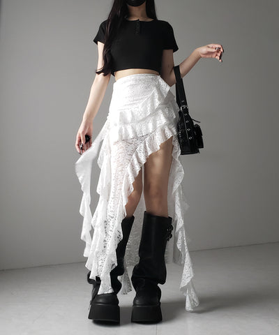 【 裏地付 】アシンメトリーフリルレーススリットロングスカート / asymmetry frill lace slit long skirt