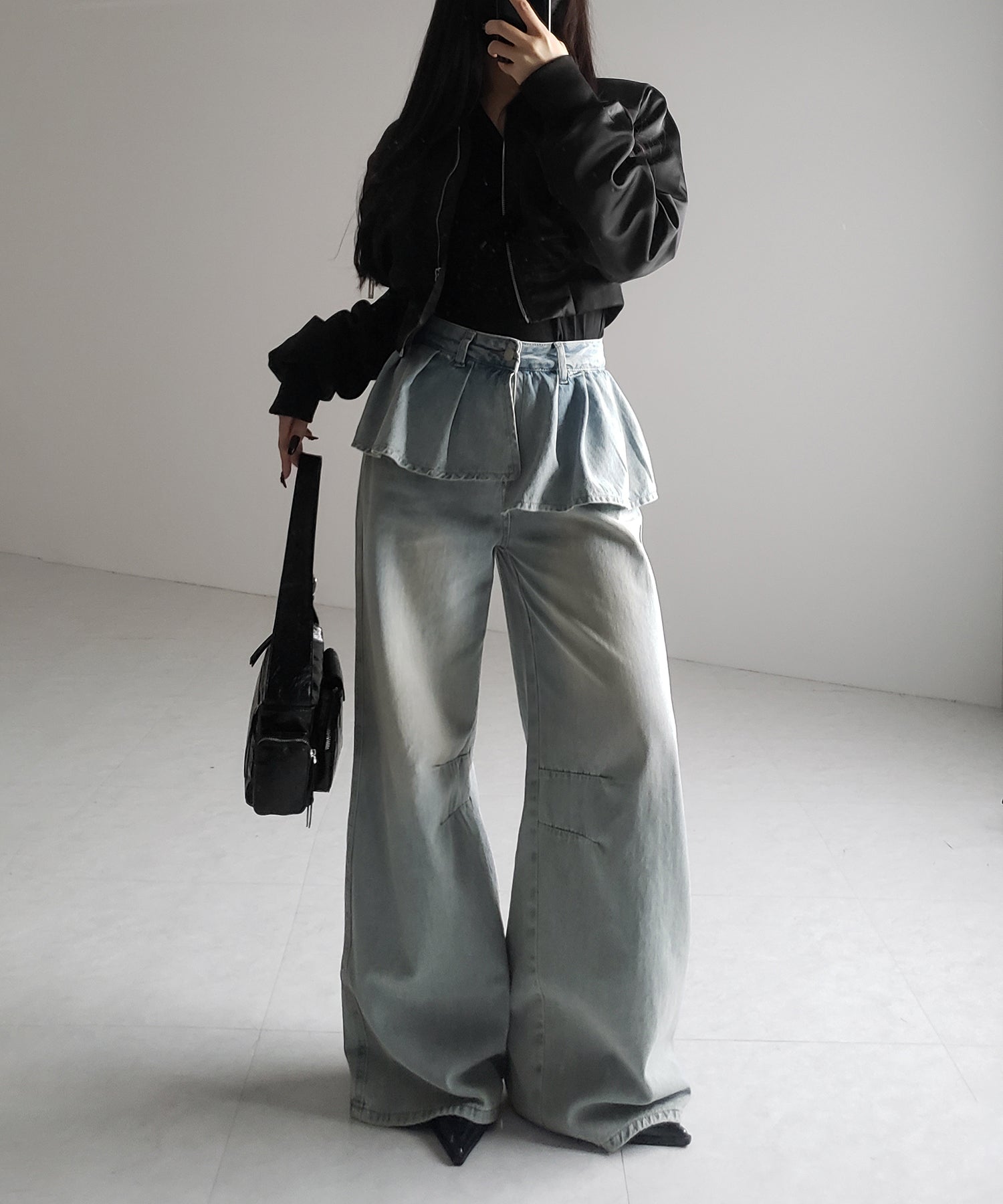 【 2color / 4size 】フリルドッキングレイヤードヴィンテージワイドデニム / frll docking layered vintage wide denim