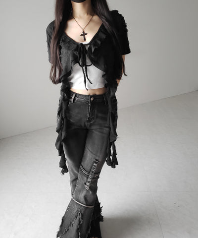 ダメージフリル半袖ショートリボンカーディガン / damage frill short sleeve short ribbon cardigan