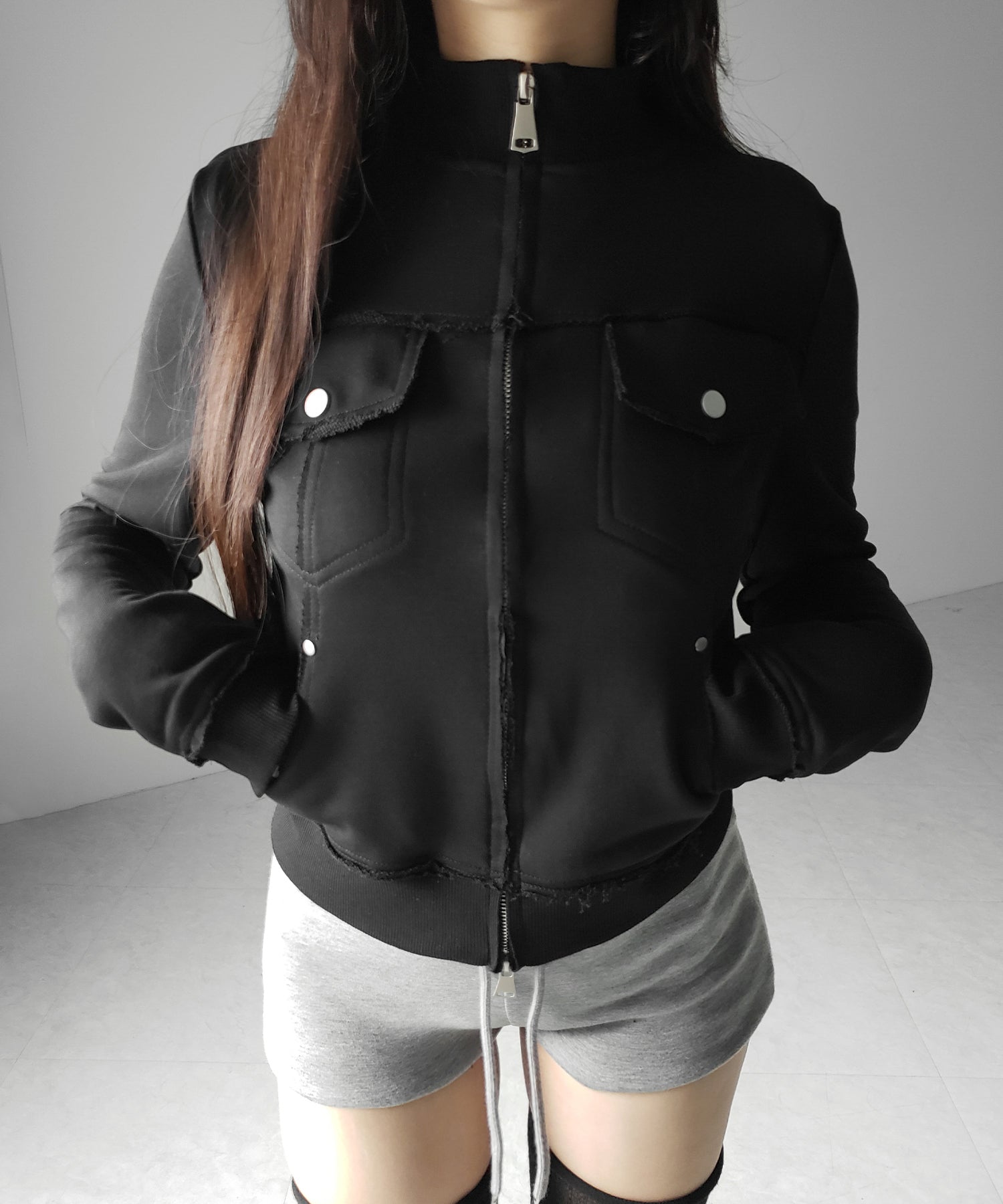 ダブルジップアウトポケット裏毛スリムジャケット / Double-zip outer pocket sweat slim jacket