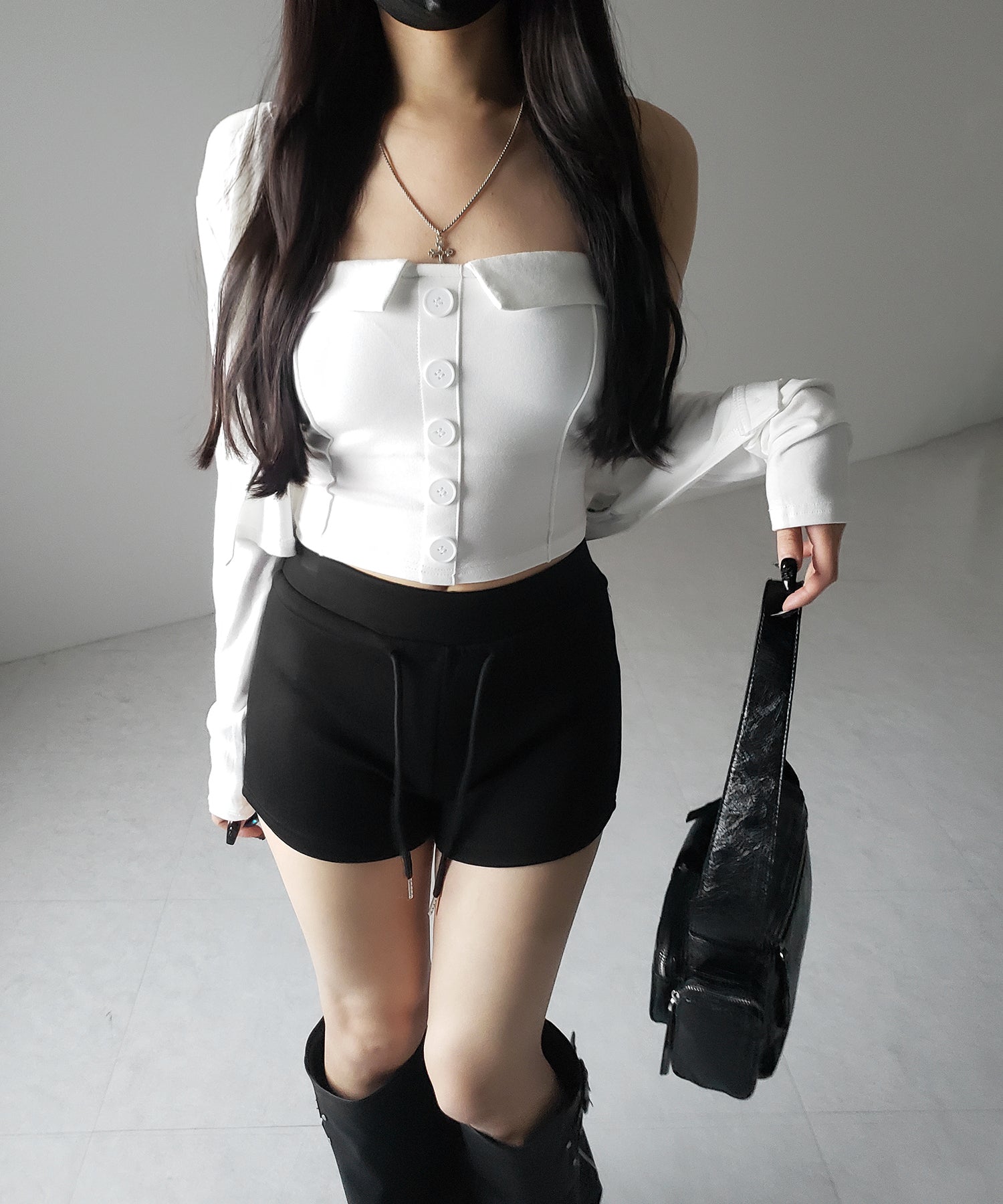【 2点セット 】フロントボタンベアトップ + クロップドカットソーカーディガン SET / front button bare top + cropped cutsaw cardigan SET
